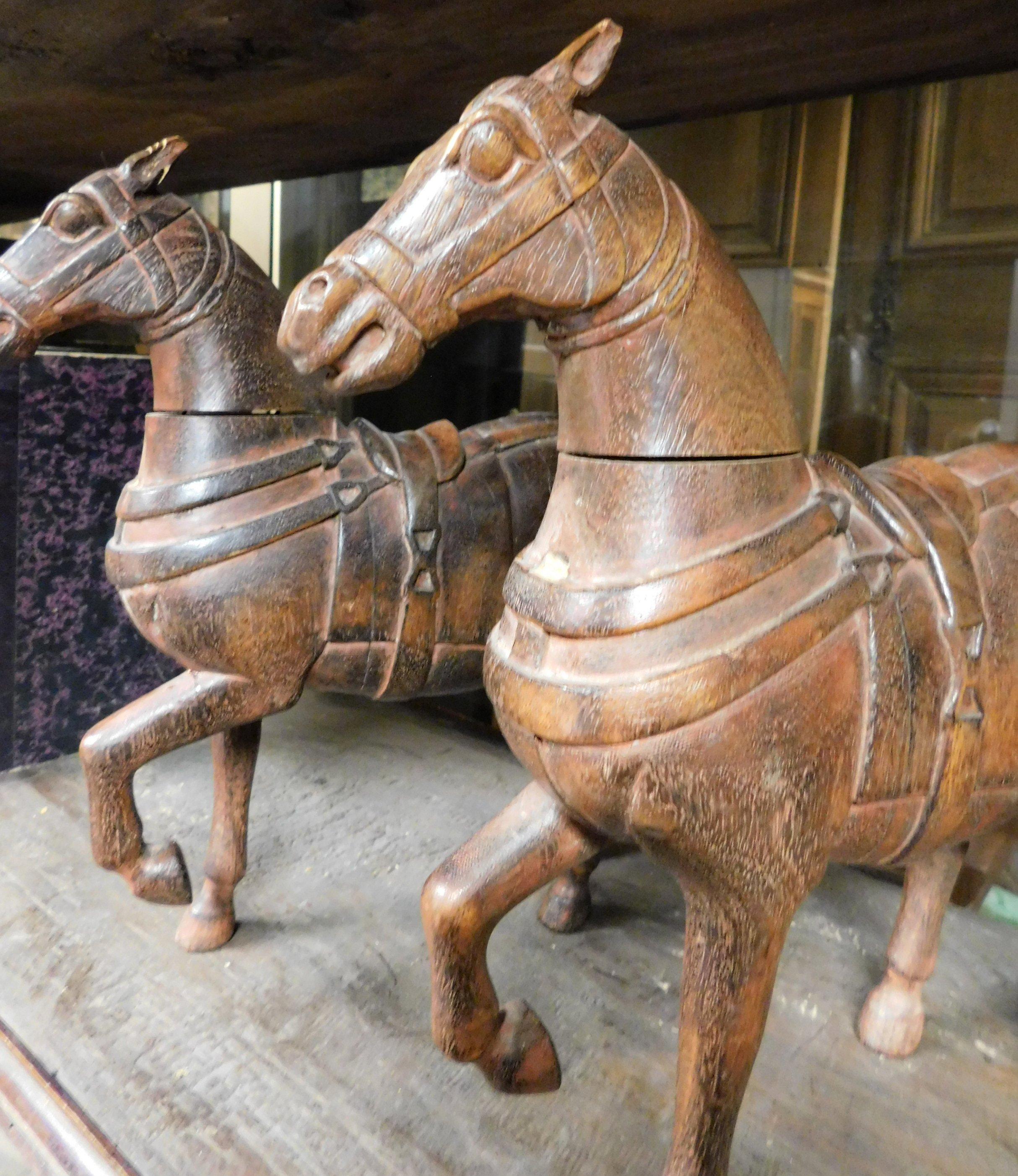 Hand-Carved Ancient Pair of Carved Wooden Sculptures of Horses, 19th Century For Sale