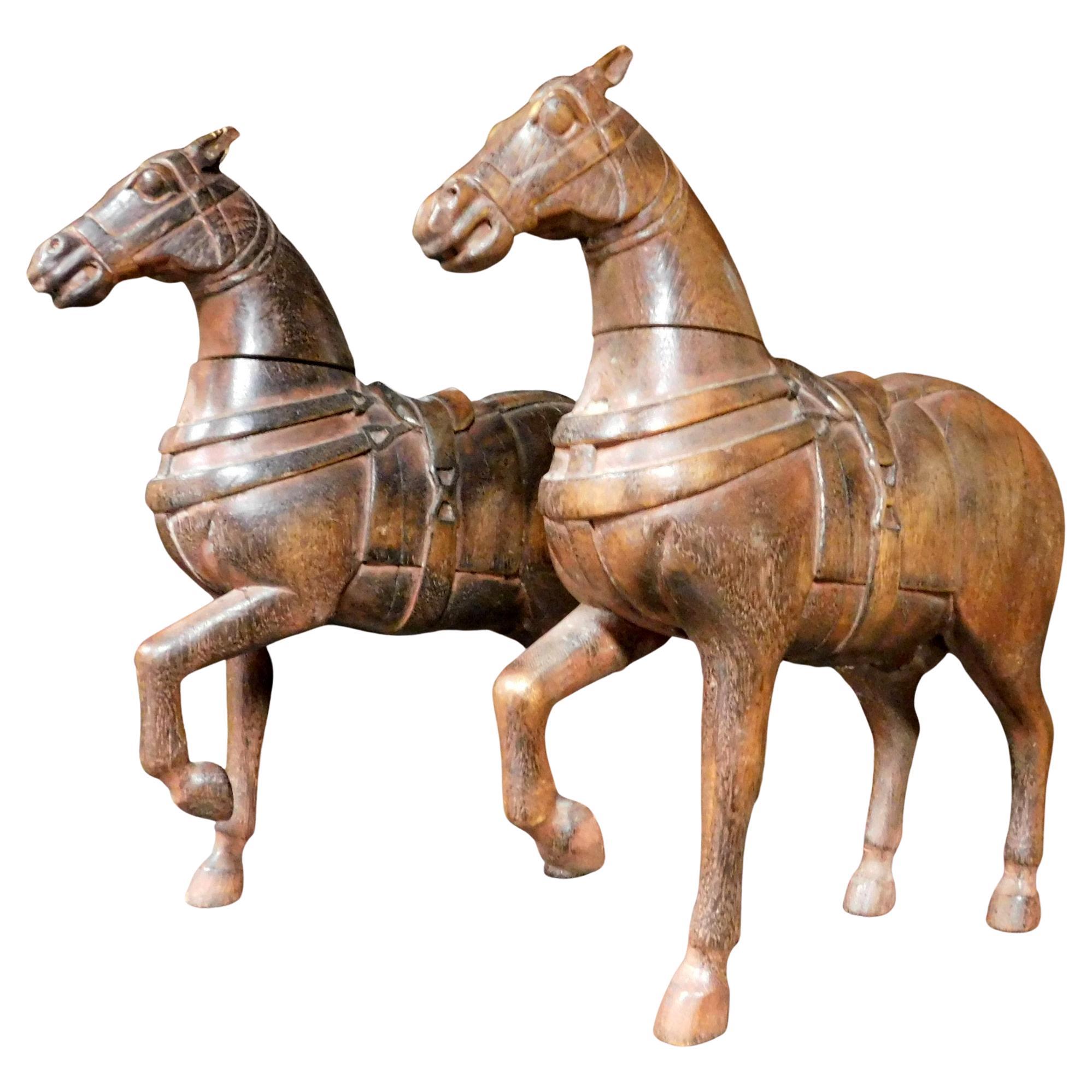 Ancient Pair of Carved Wooden Sculptures of Horses, 19th Century