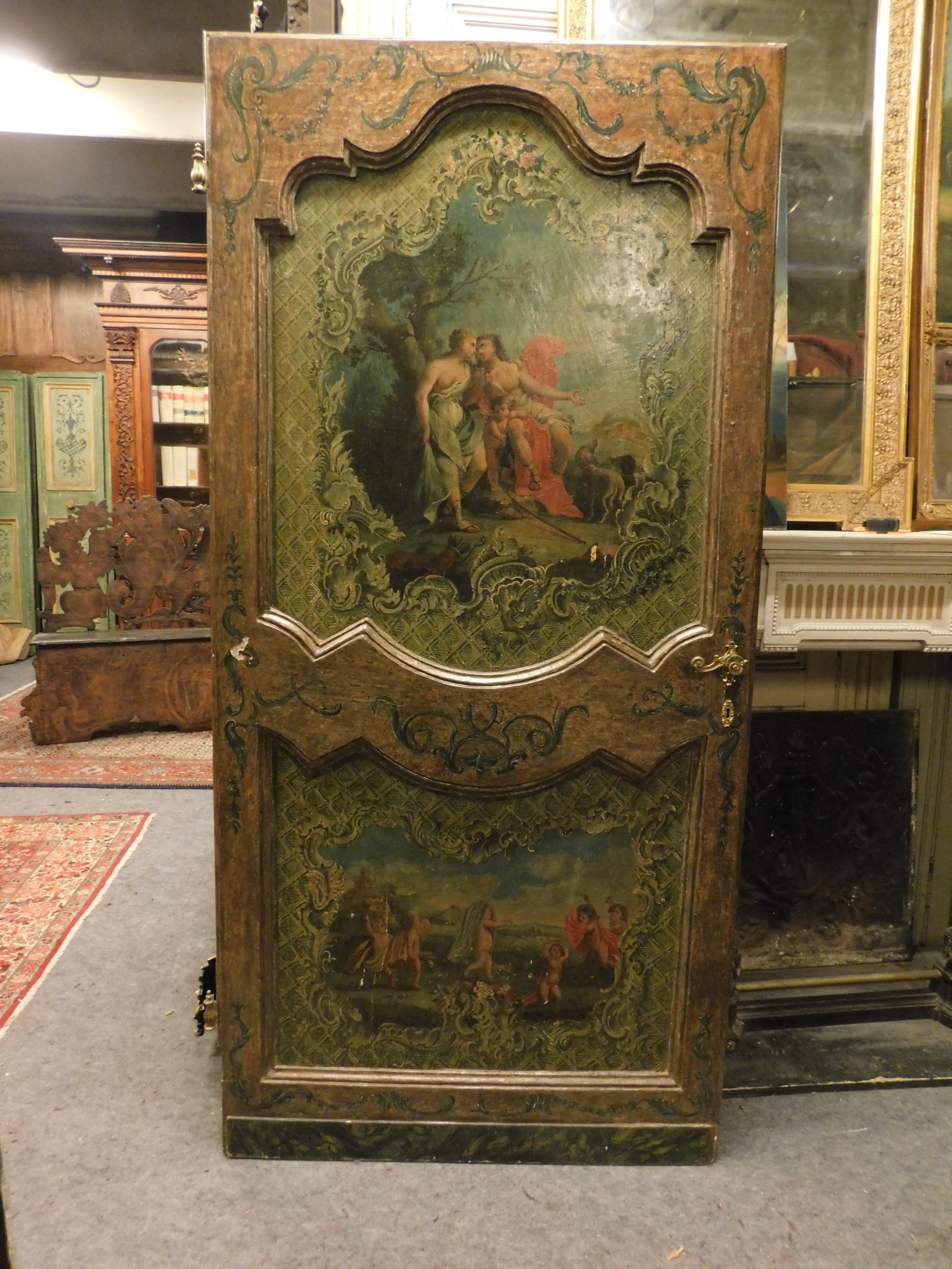 Baroque Ancient Pair of Painted Doors, Mythological Scenes, Richly, Italy, Late 1600