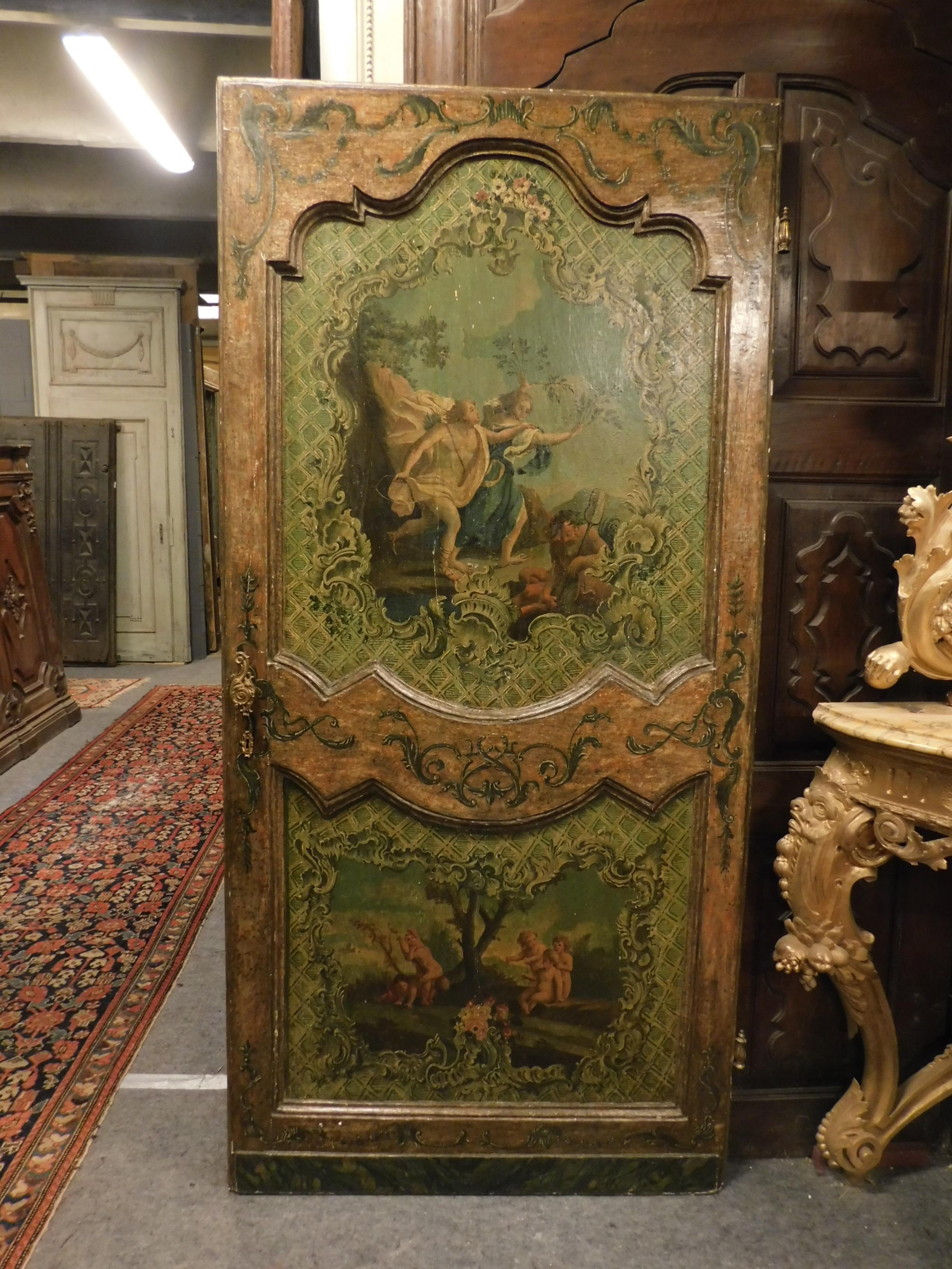 Italian Ancient Pair of Painted Doors, Mythological Scenes, Richly, Italy, Late 1600