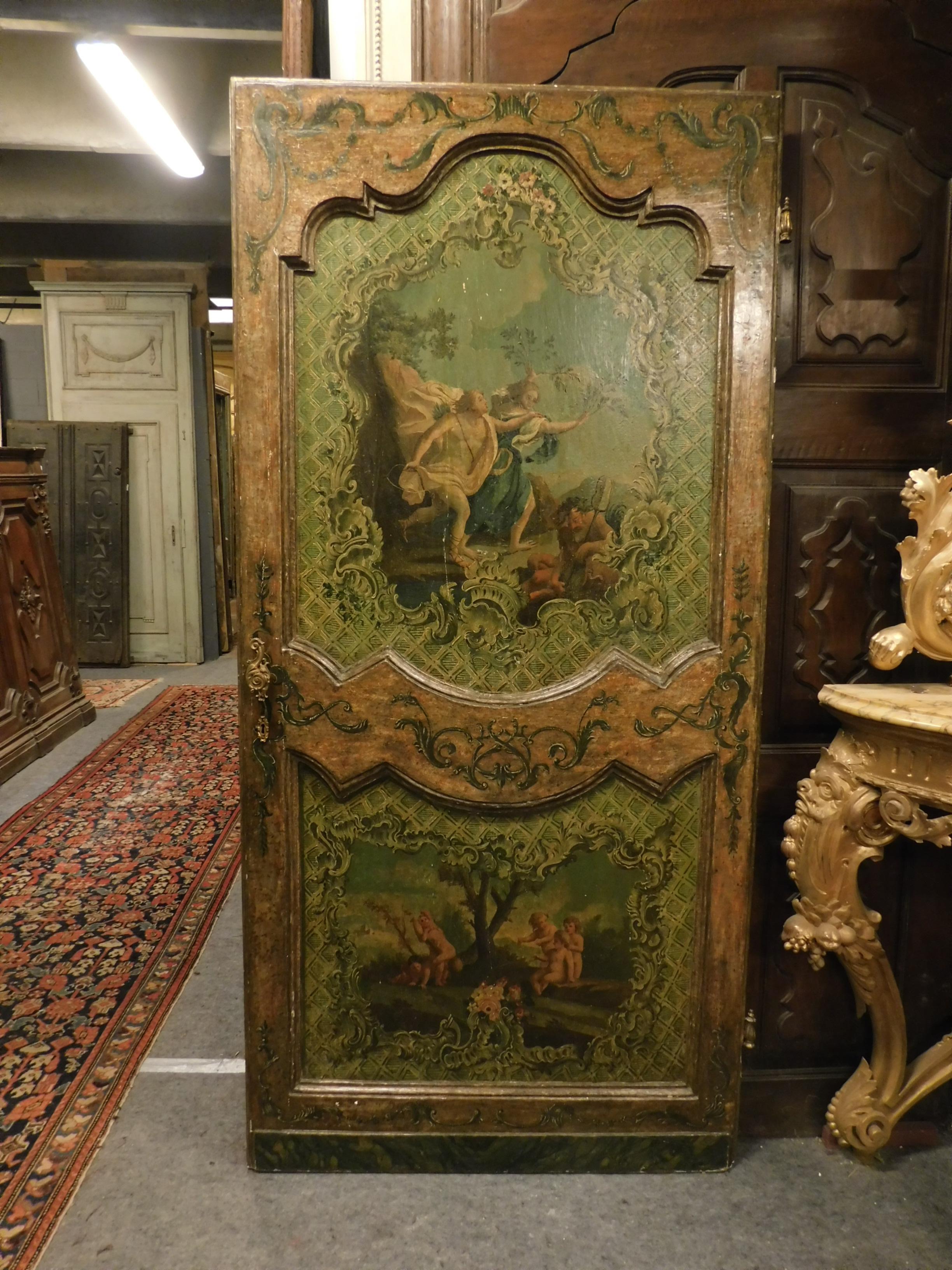 Hand-Painted Ancient Pair of Painted Doors, Mythological Scenes, Richly, Italy, Late 1600