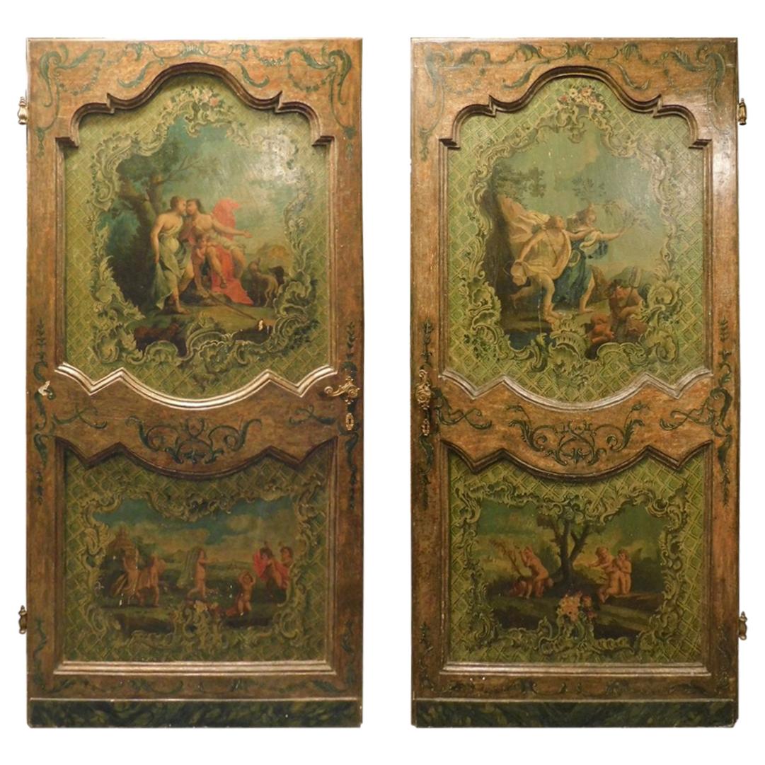 Ancient Pair of Painted Doors, Mythological Scenes, Richly, Italy, Late 1600