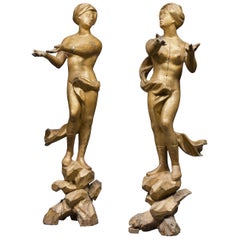 Ancient Pair of Sculptures in Gilded Wood, Italy, 17th Century