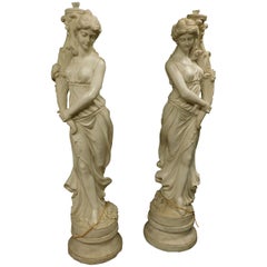 Ancient Pair of Statues (Fountains) White Marble, Water Muses, 1900 Italy