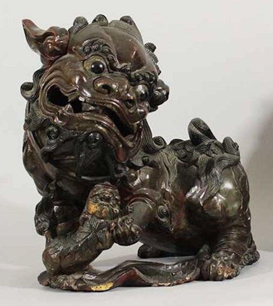 Chinese Ancient Pair of Wooden Pho Dogs, China Ming Dynasty