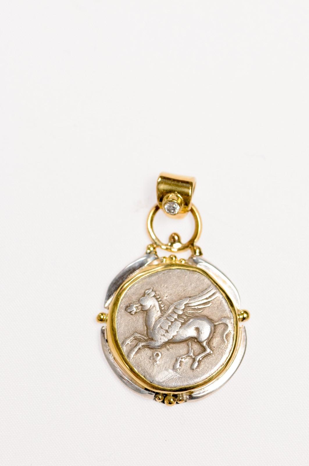 Classical Greek Ancient Pegasus Coin in 22 kt Gold Pendant (pendant only) For Sale