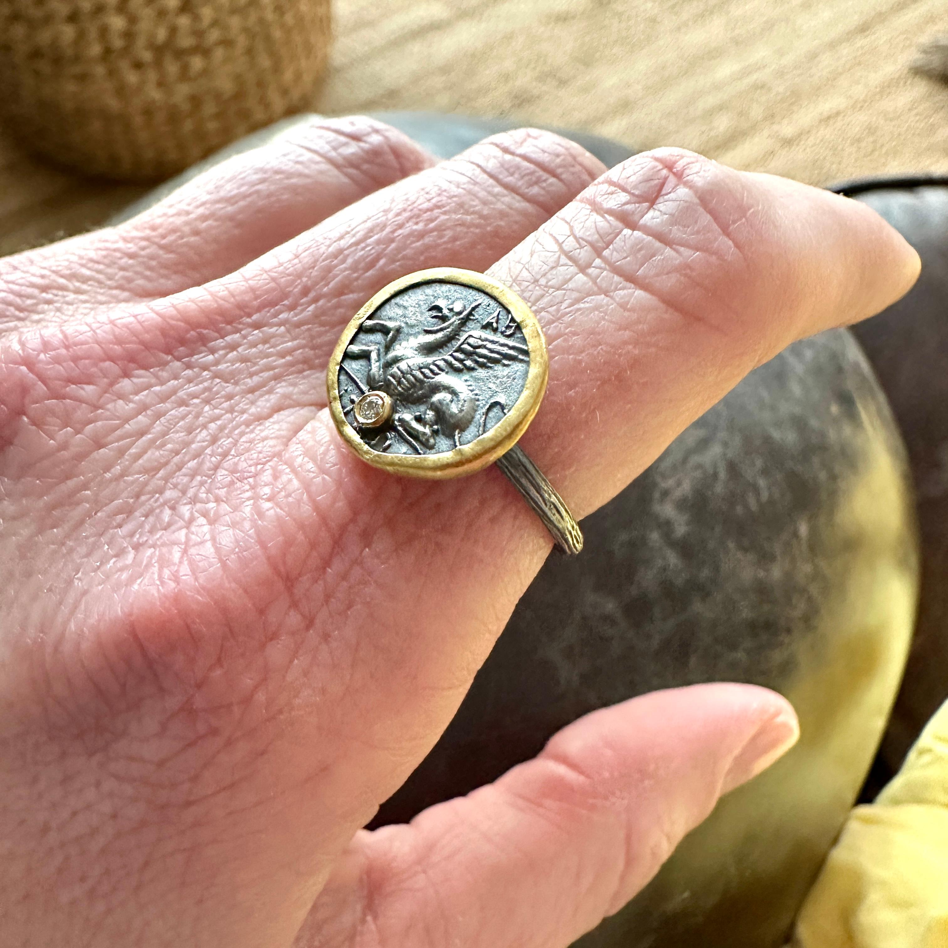 Ancient Pegasus Coin Ring with Diamond, in 24kt Gold and Silver by Prehistoric Works of Istanbul, Turkey. Diamond - 0.02cts, Size 6 1/2 US. For custom sizes please contact the gallery directly. Custom orders take approximately 3-6 weeks.