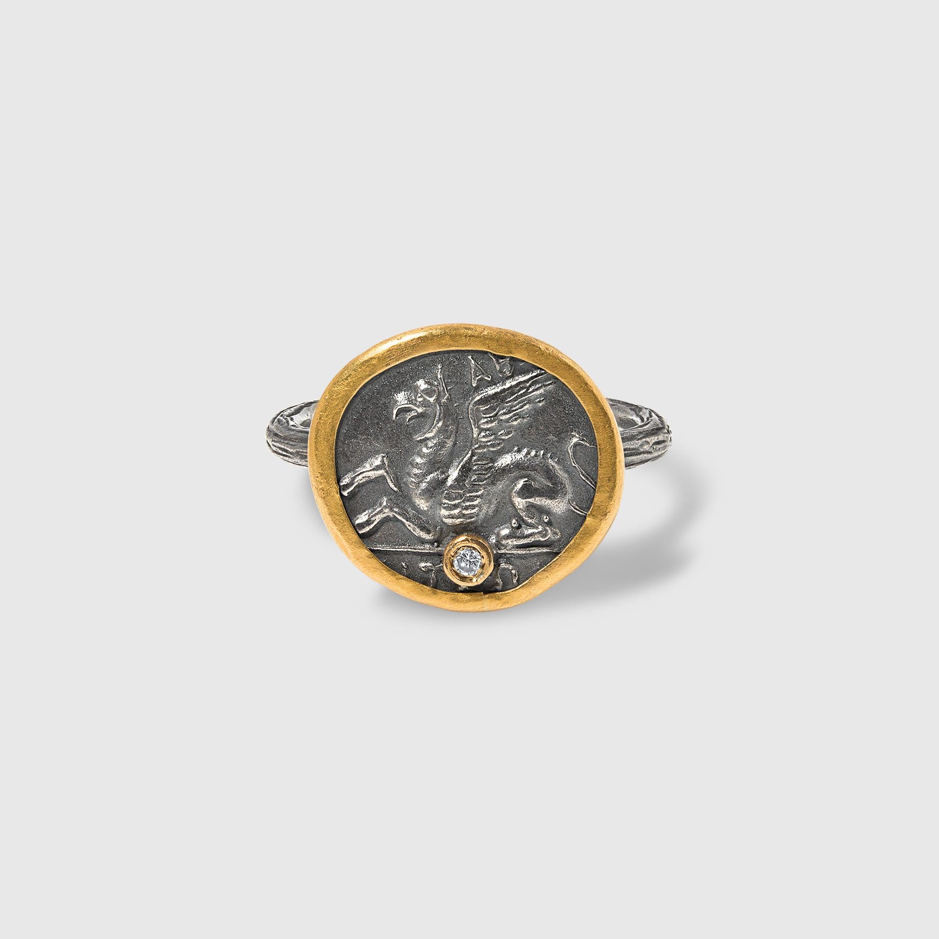 Contemporary Ancient Pegasus Coin Ring with Diamond, in 24kt Gold and Silver For Sale