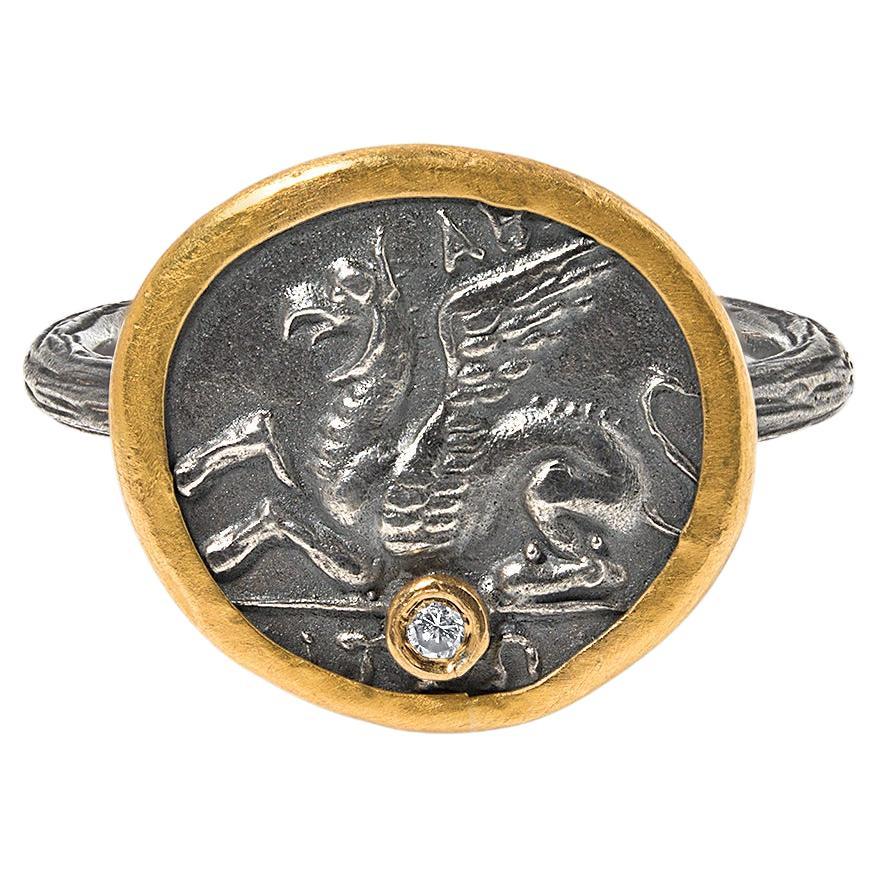 Ancient Pegasus Coin Ring with Diamond, in 24kt Gold and Silver