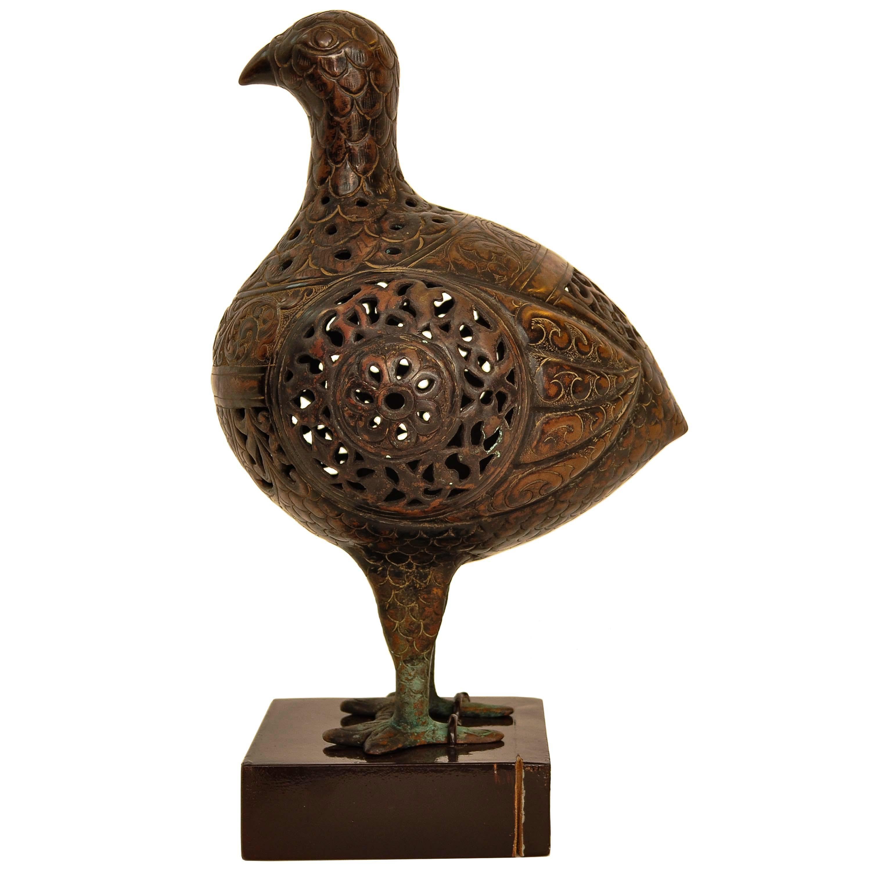 Engraved Ancient Persia 12th Century Islamic Bronze Seljuk Bird Pomander Statue Sculpture For Sale