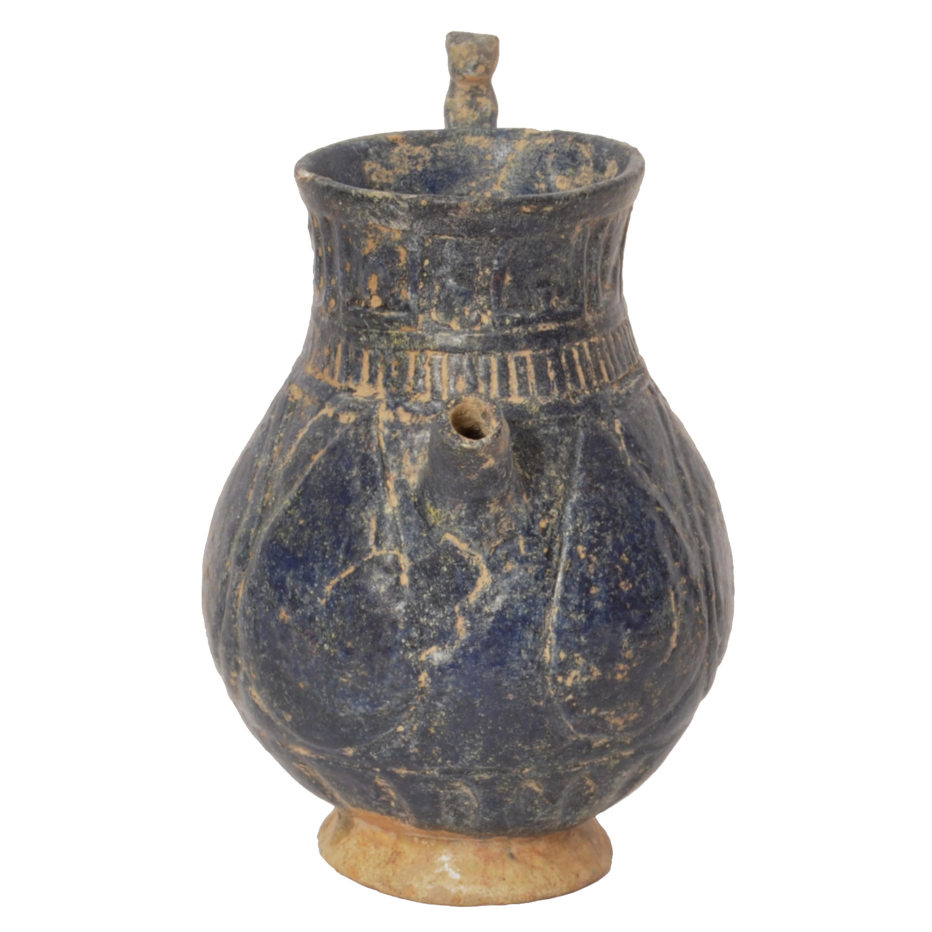 Ancient Persian Islamic Blue Glazed Pottery Vessel Jug Caligraphy Khorasan 1200 For Sale 5