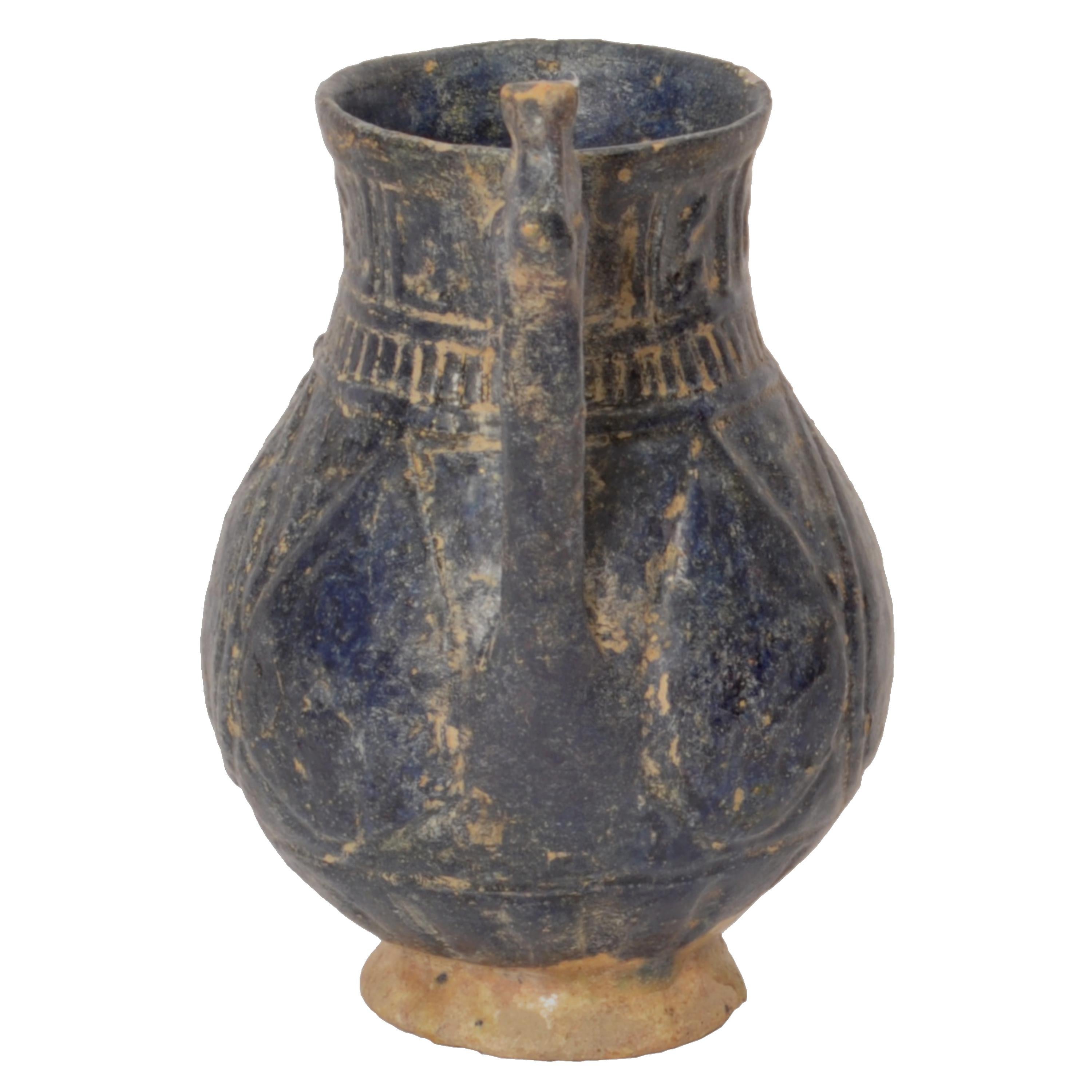 Antikes persisches islamisches blau glasiertes Keramikgefäß, Krug, Caligraphie Khorasan 1200 im Angebot 4