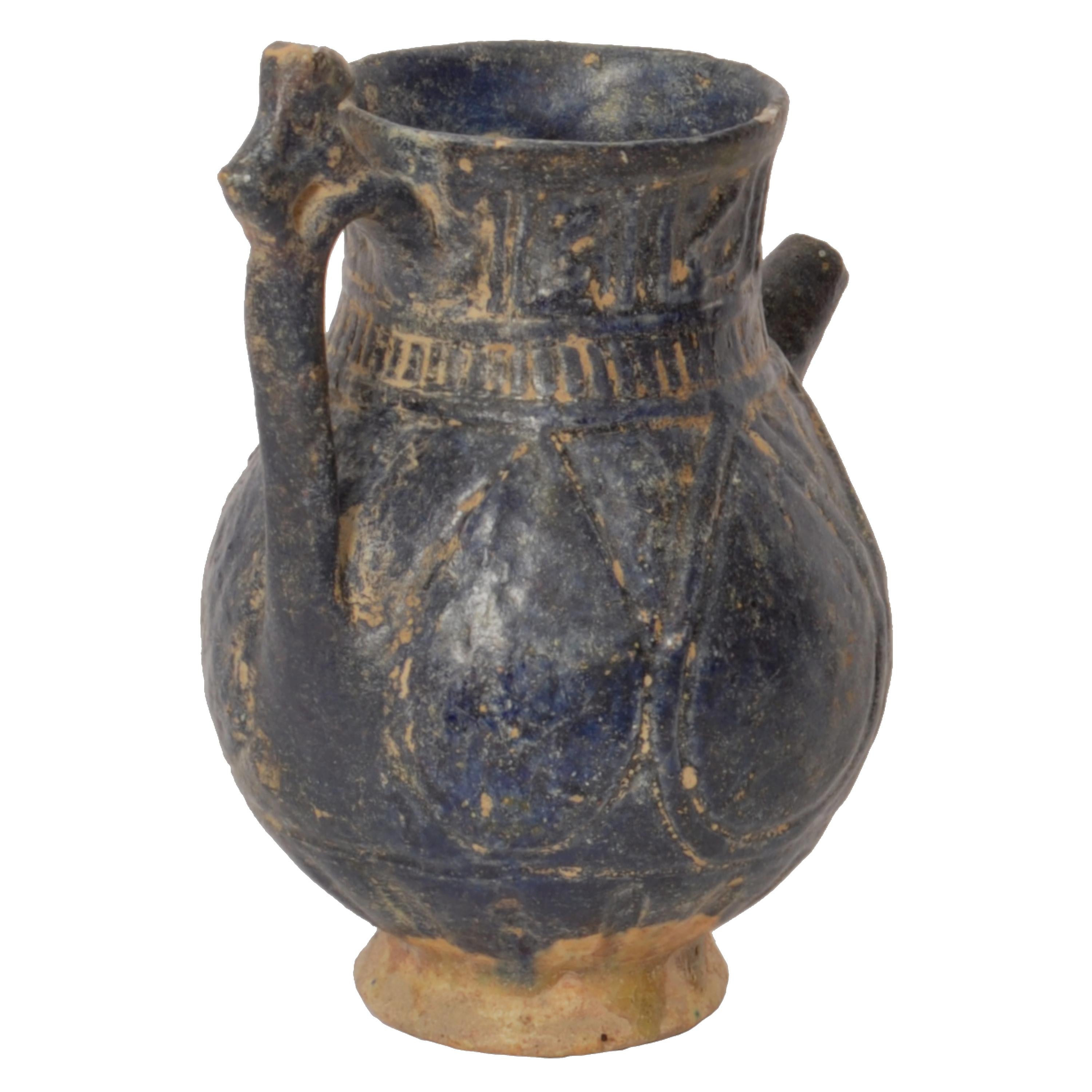 Antikes persisches islamisches blau glasiertes Keramikgefäß, Krug, Caligraphie Khorasan 1200 (Khorassan) im Angebot