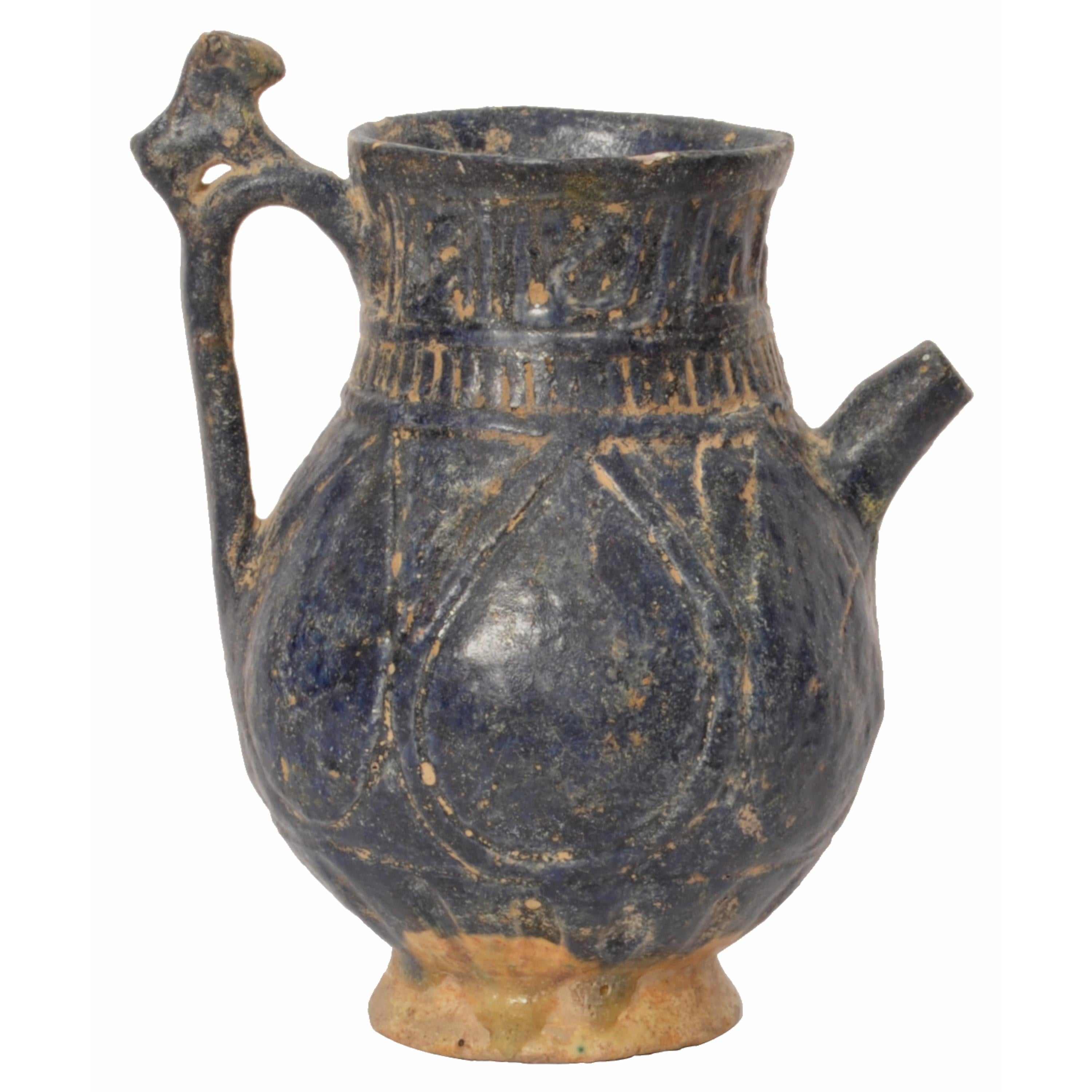 Khorassan Ancient Persian Islamic Blue Glazed Pottery Vessel Jug Caligraphy Khorasan 1200 For Sale