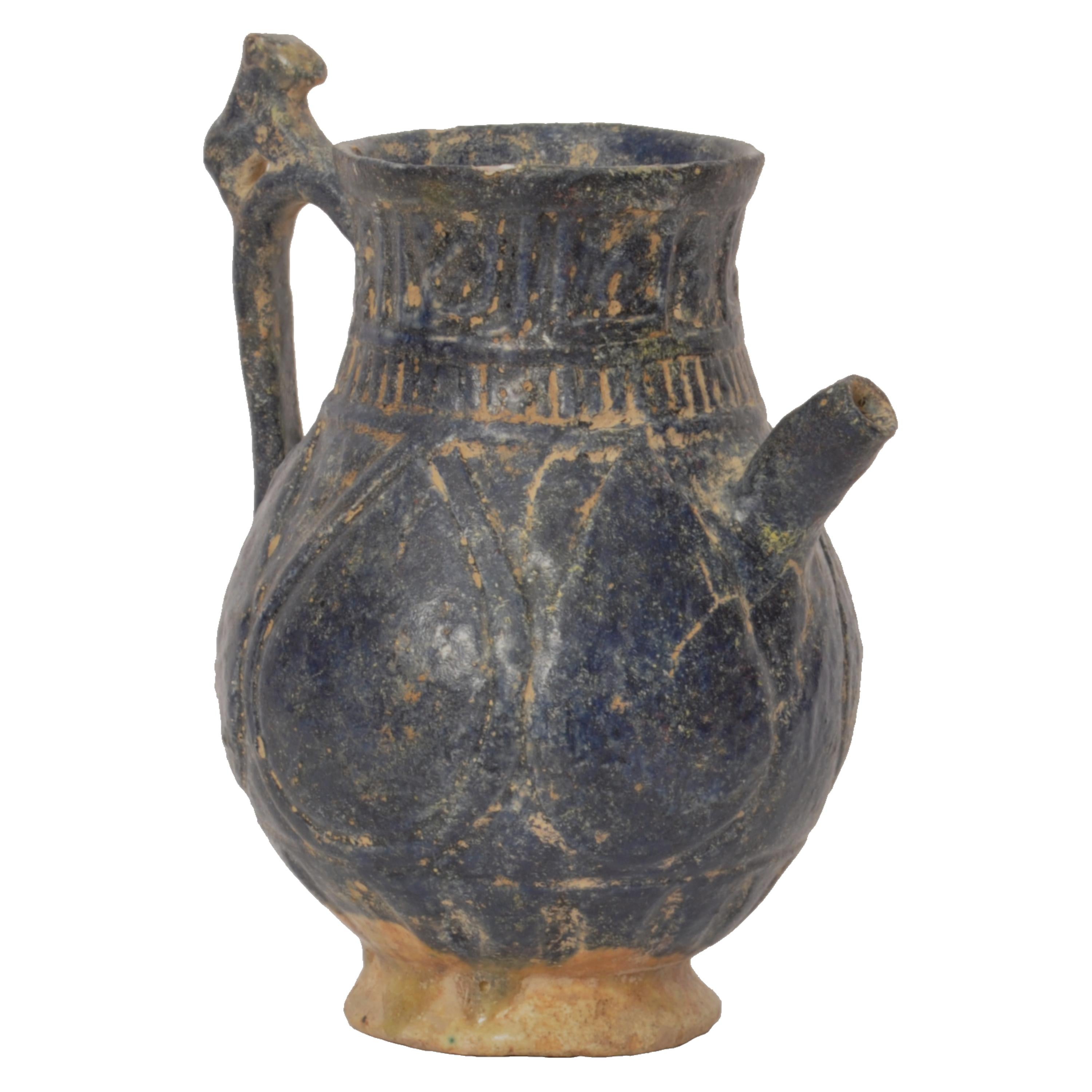 Ancient Persian Islamic Blue Glazed Pottery Vessel Jug Caligraphy Khorasan 1200 In Good Condition For Sale In Portland, OR