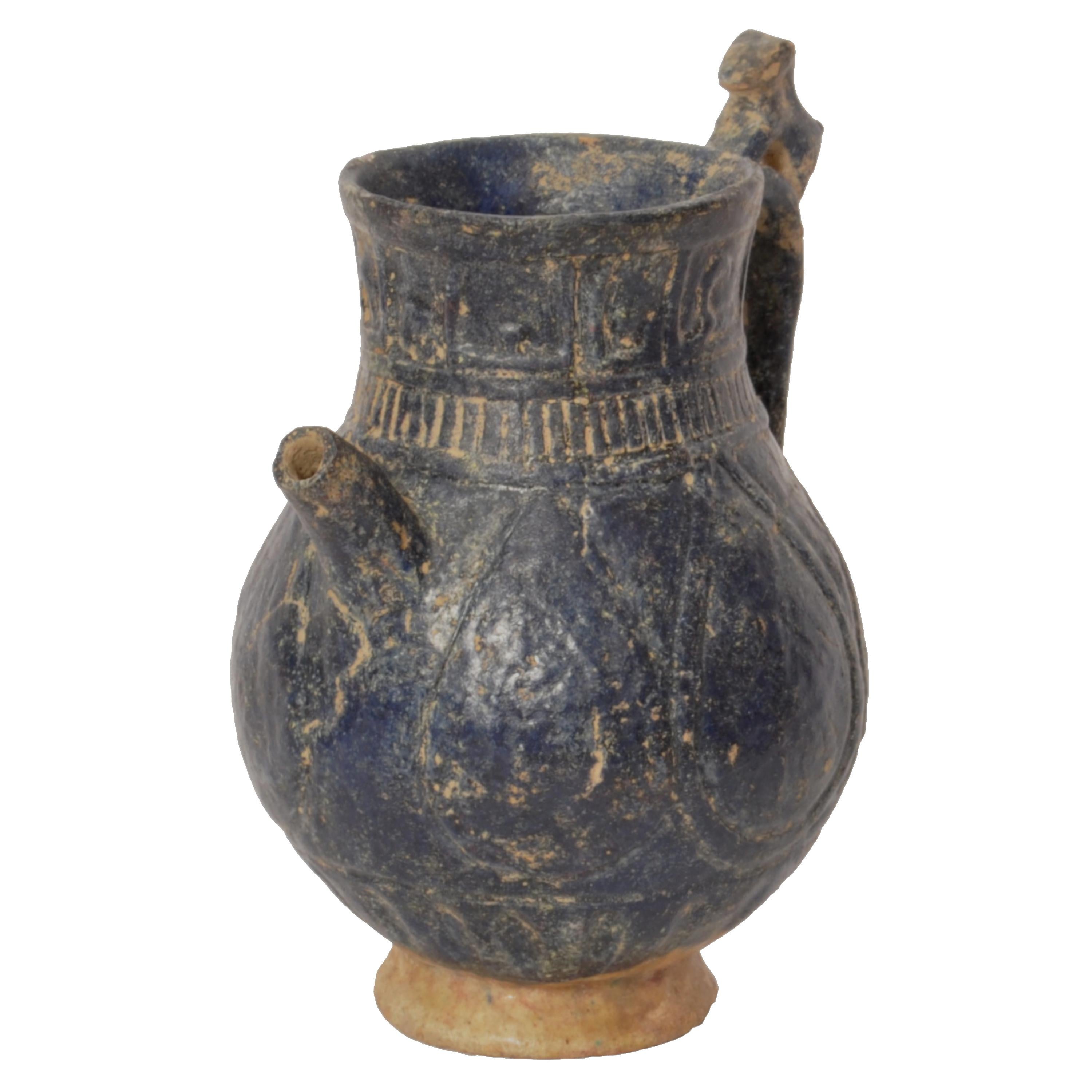 18th Century and Earlier Ancient Persian Islamic Blue Glazed Pottery Vessel Jug Caligraphy Khorasan 1200 For Sale