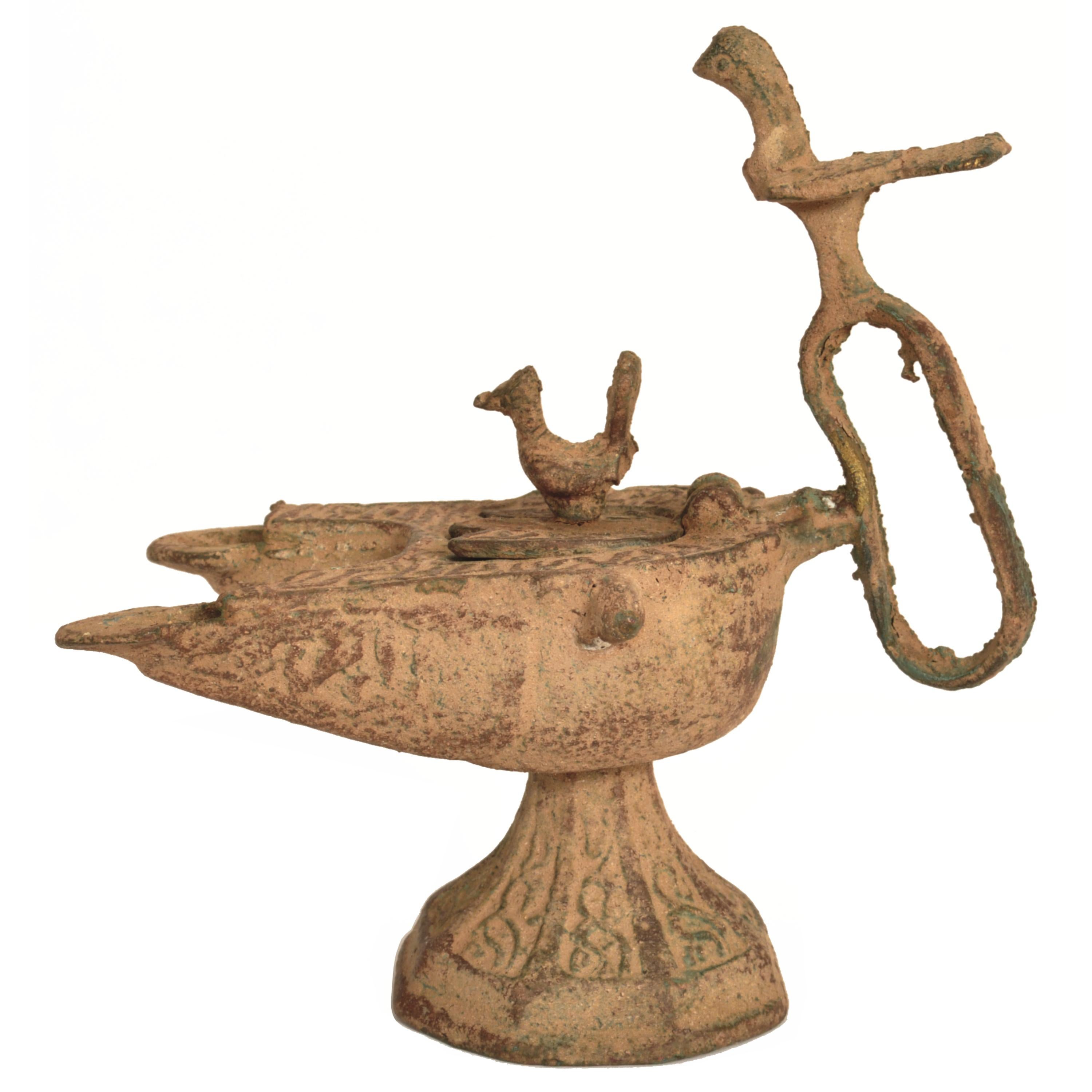 18th Century and Earlier Ancient Persian Khurasan Islamic Engraved Calligraphy Bronze Oil Lamp c.1200  For Sale