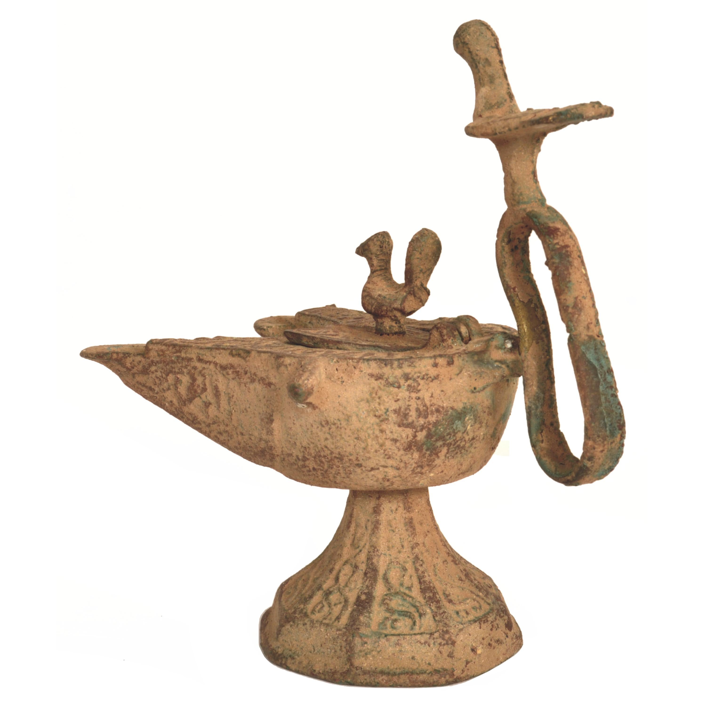 Ancient Persian Khurasan Islamic Engraved Calligraphy Bronze Oil Lamp c.1200  For Sale 1