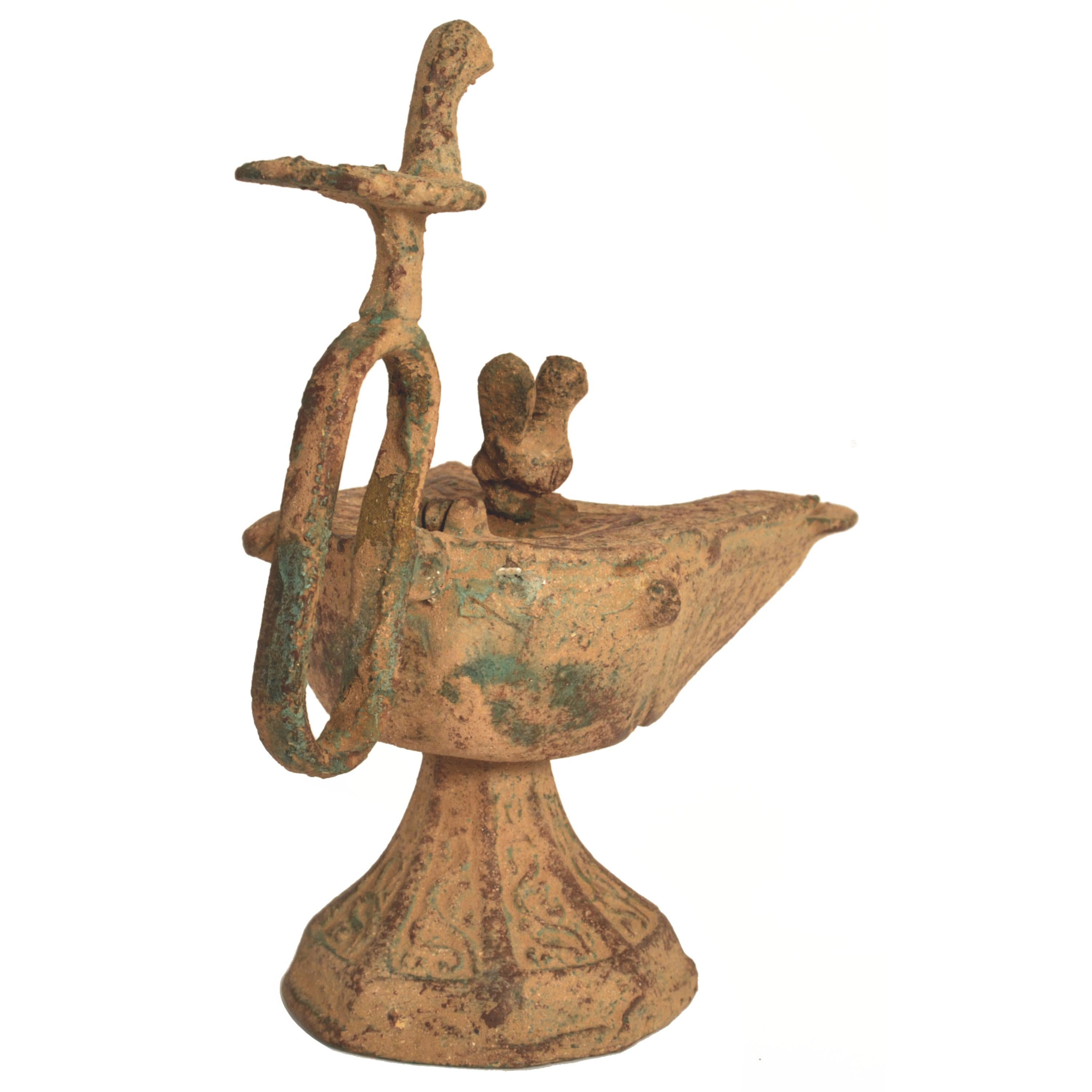 Ancient Persian Khurasan Islamic Engraved Calligraphy Bronze Oil Lamp c.1200  For Sale 2