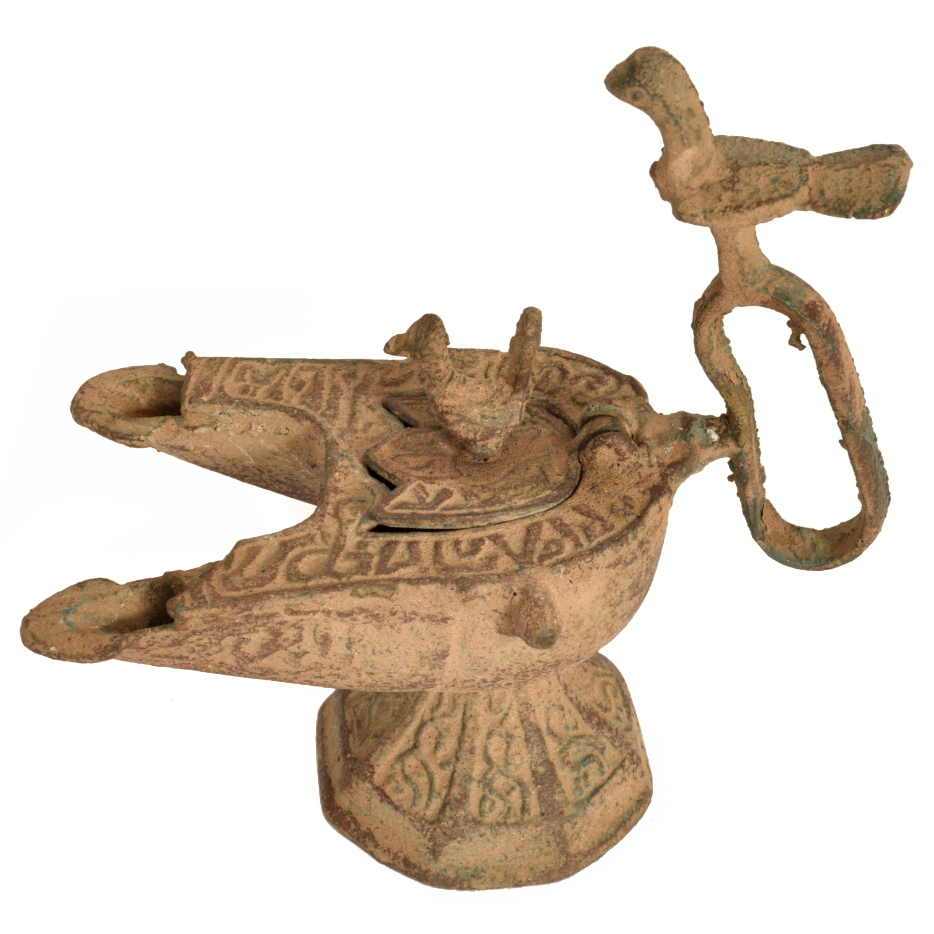 Ancient Persian Khurasan Islamic Engraved Calligraphy Bronze Oil Lamp c.1200  For Sale 3