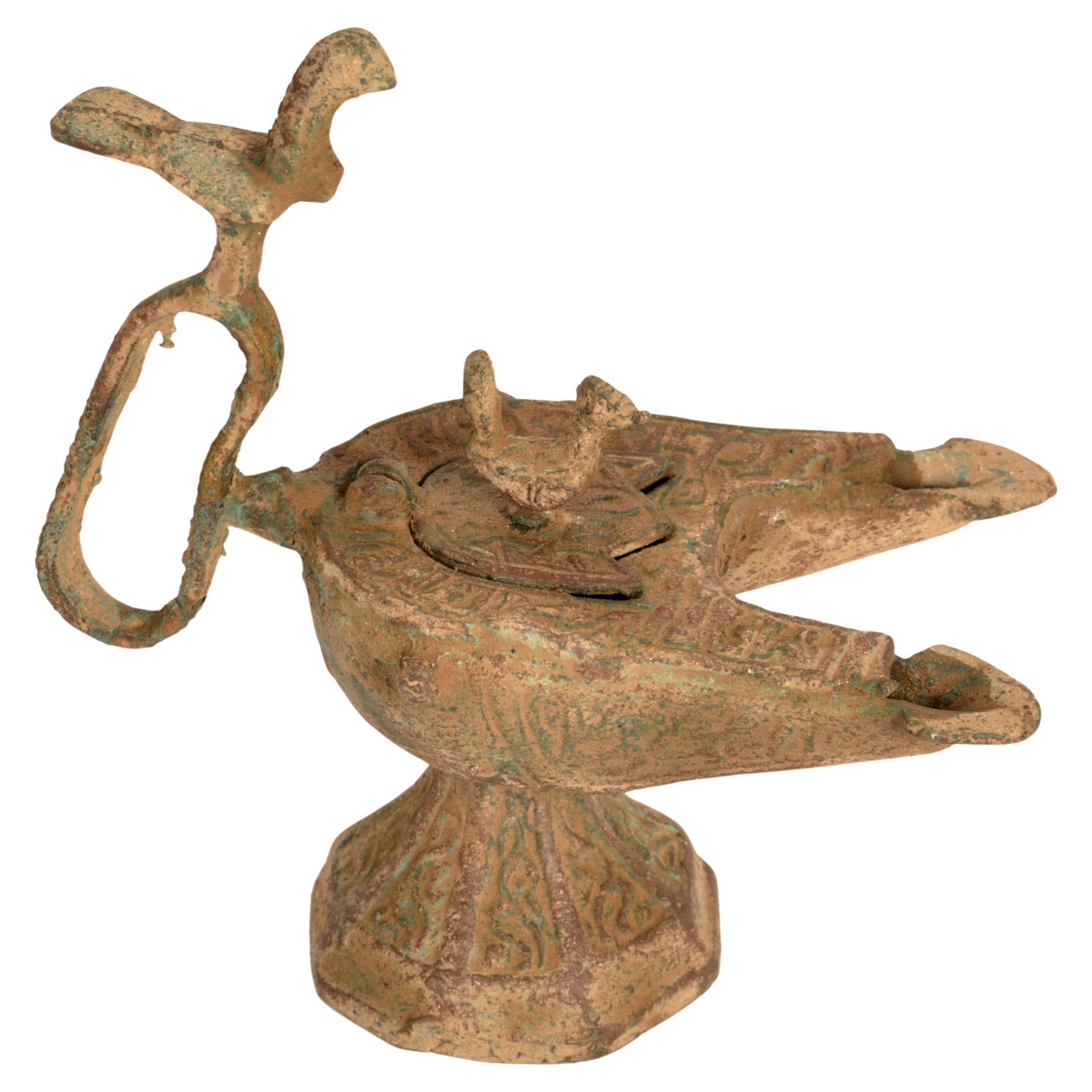 Ancient Persian Khurasan Islamic Engraved Calligraphy Bronze Oil Lamp c.1200  For Sale