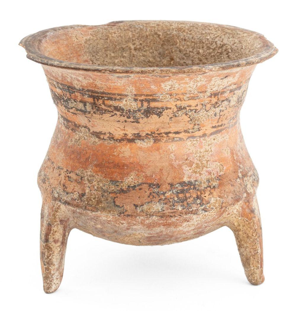Group of Four Ancient Pottery Vessels, comprising: pinch lip pot, red jar, Holy Land oil lamp with olive leaf motif, Persian tripod footed vase. Vase: 4.5