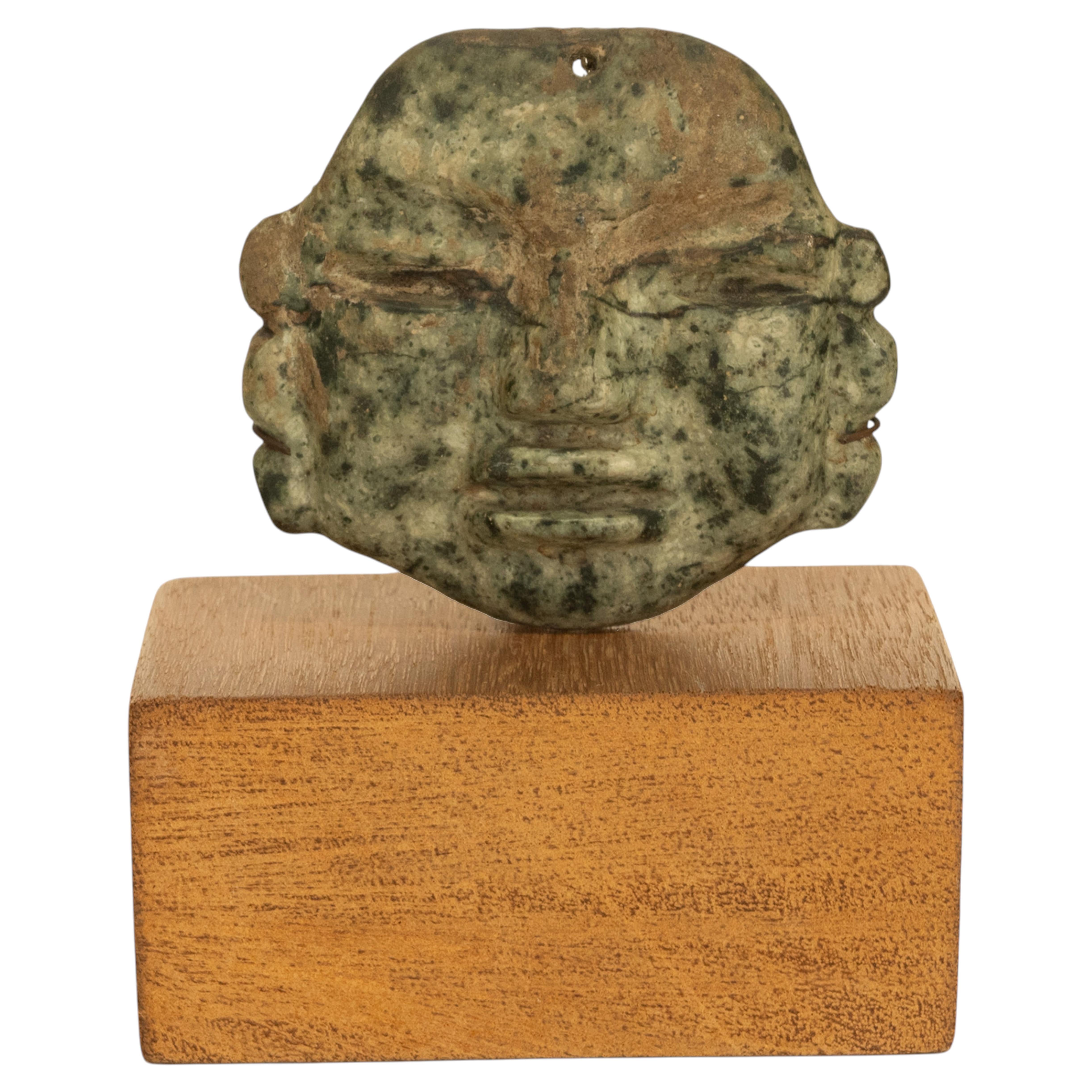 Ancient Pre-Columbian Olmec Hand-Carved Jade Face Mask Pendant 900-600 BC Mexico