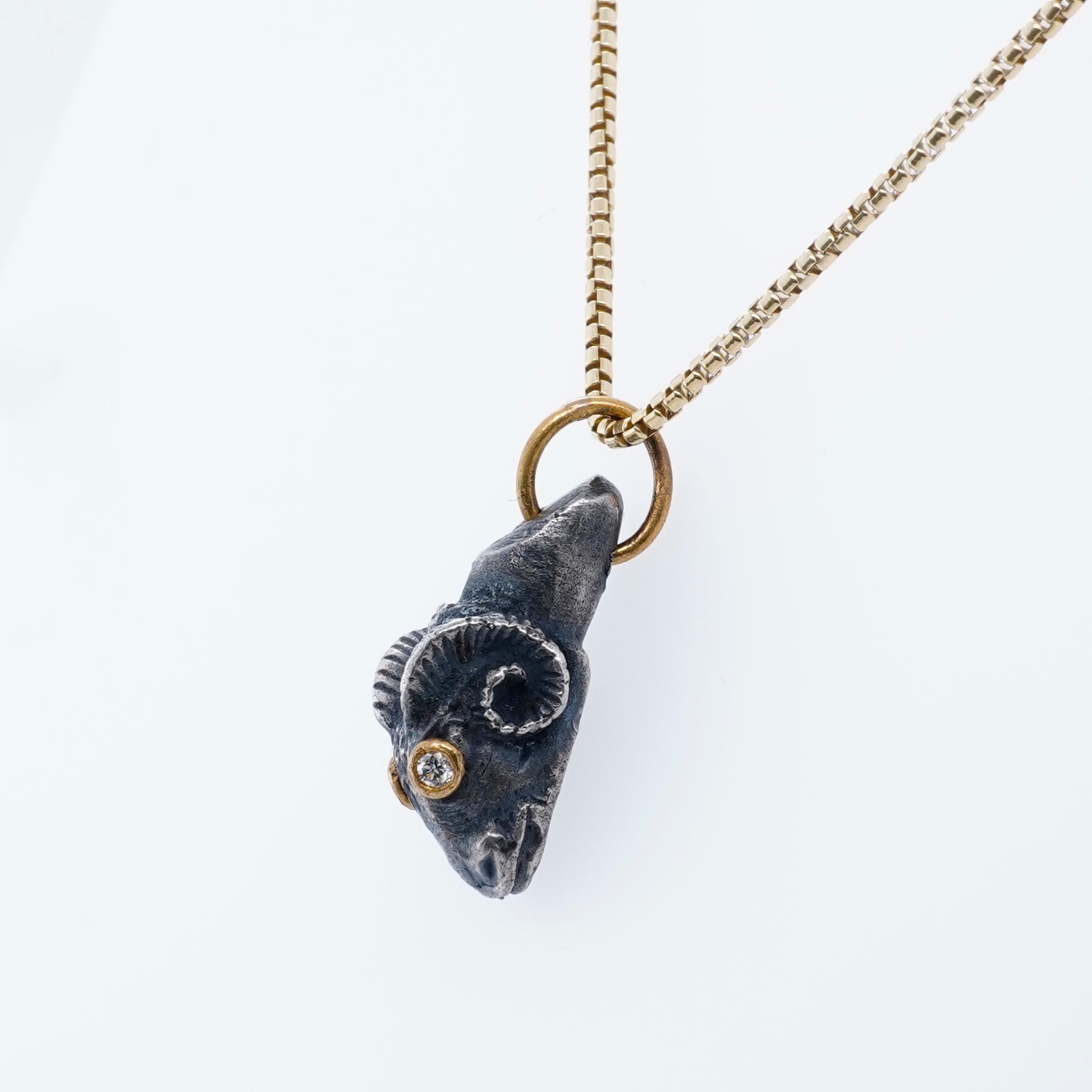 Ancient Ram's Head with Diamond Eyes, Charm Pendant Necklace, 24kt Gold and SS In New Condition For Sale In Bozeman, MT