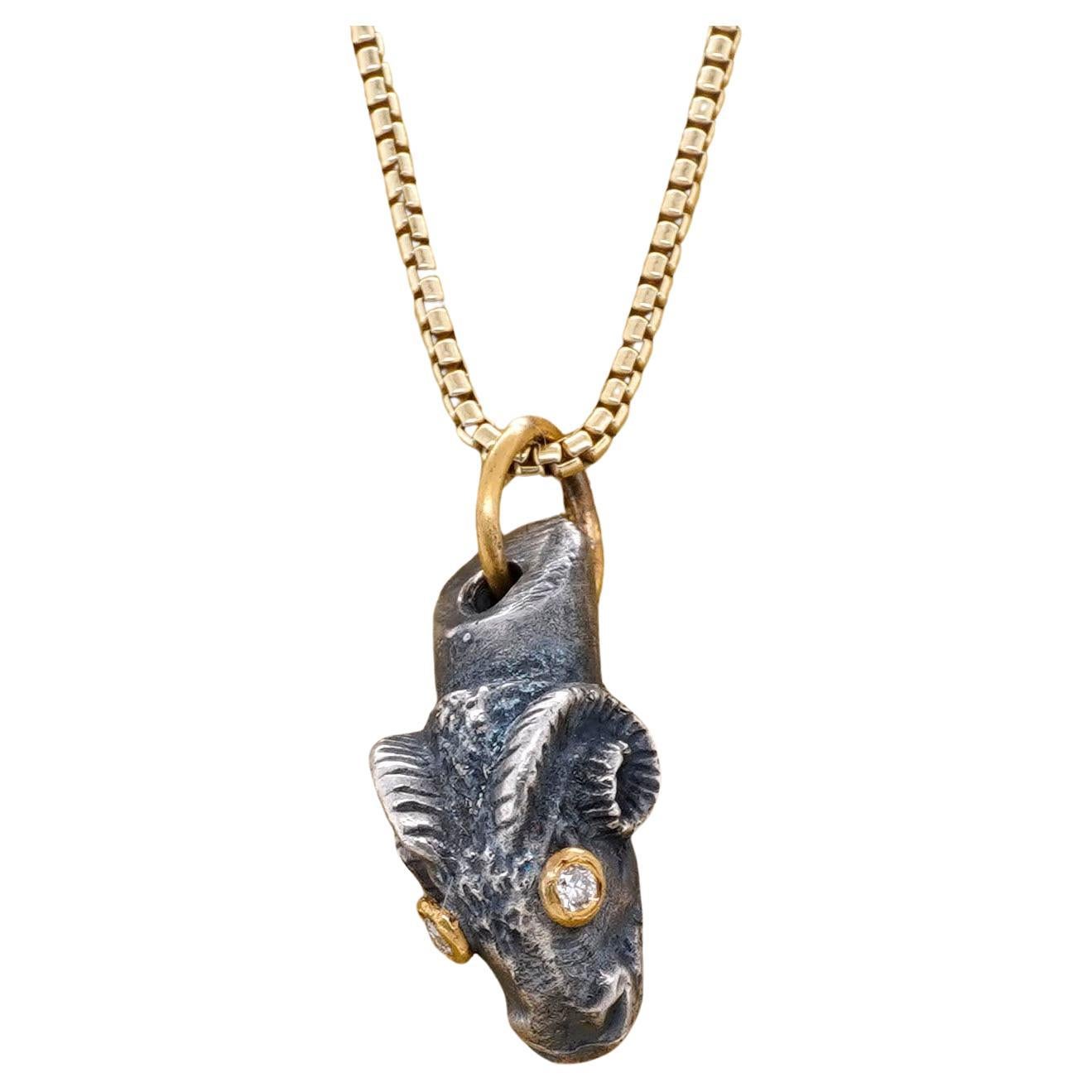 Ancient Ram's Head with Diamond Eyes, Charm Pendant Necklace, 24kt Gold and SS For Sale