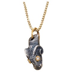 Ancient Ram's Head with Diamond Eyes, Charm Pendant Necklace, 24kt Gold and SS