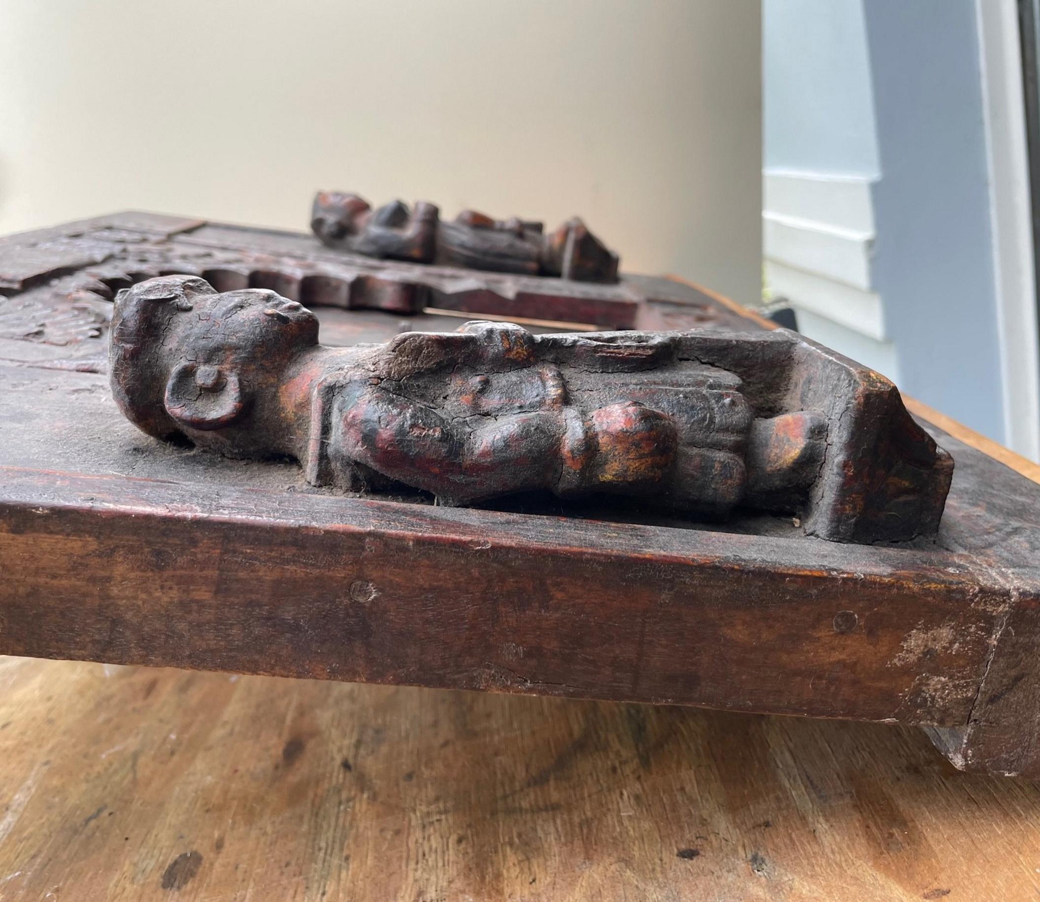 Ancient Rare India Wood Hand Carved Polychrome Wall Panel with Iron Lock For Sale 5