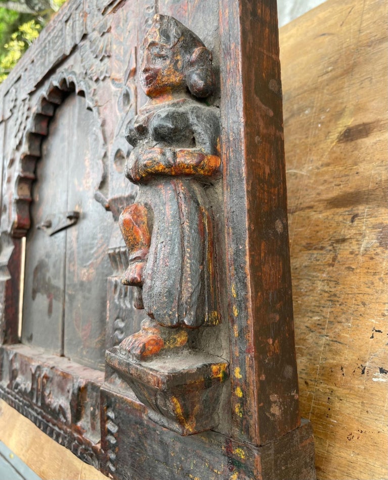 Ancient Rare India Wood Hand Carved Polychrome Wall Panel with Iron ...