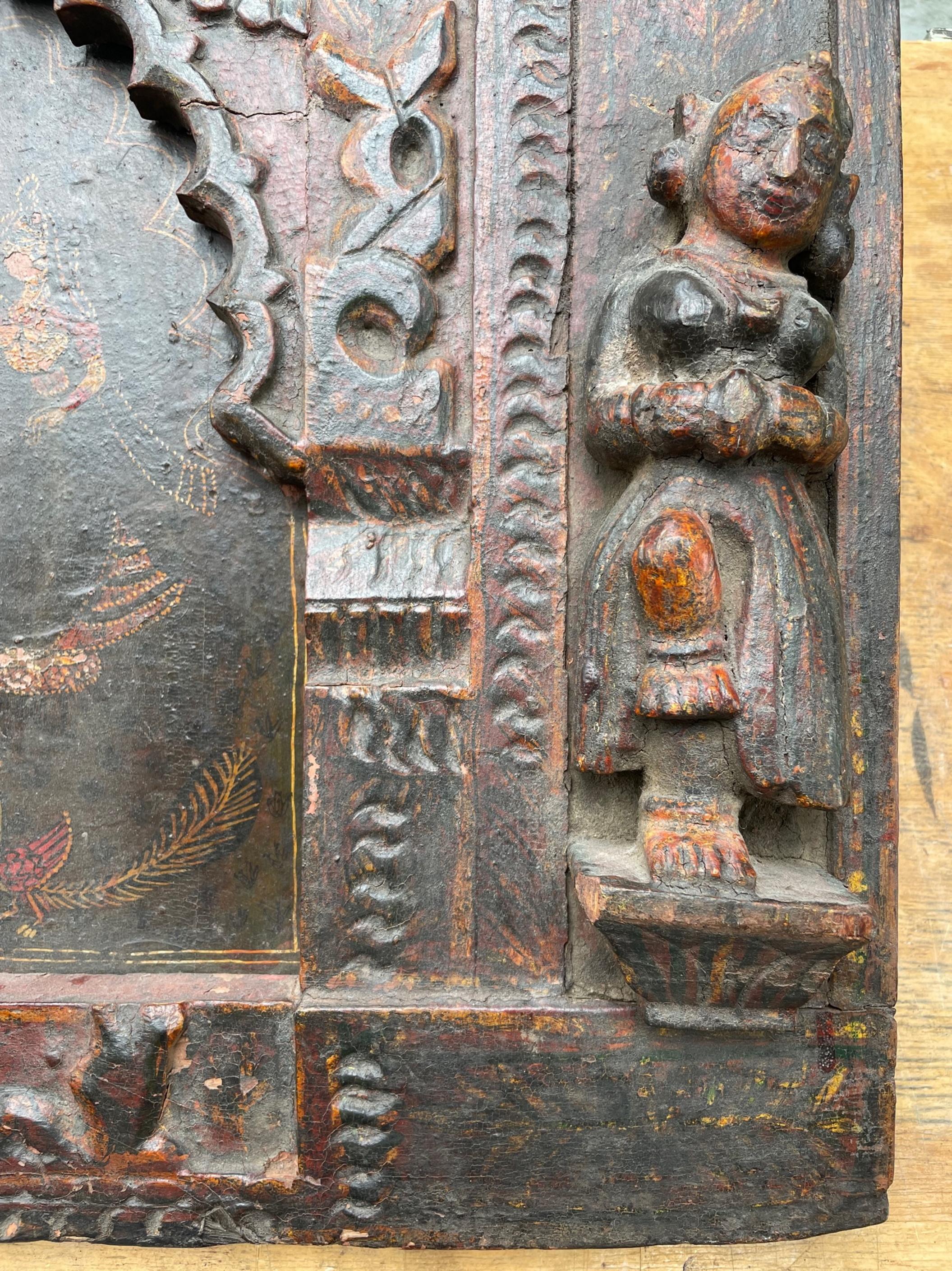 Other Ancient Rare India Wood Hand Carved Polychrome Wall Panel with Iron Lock For Sale