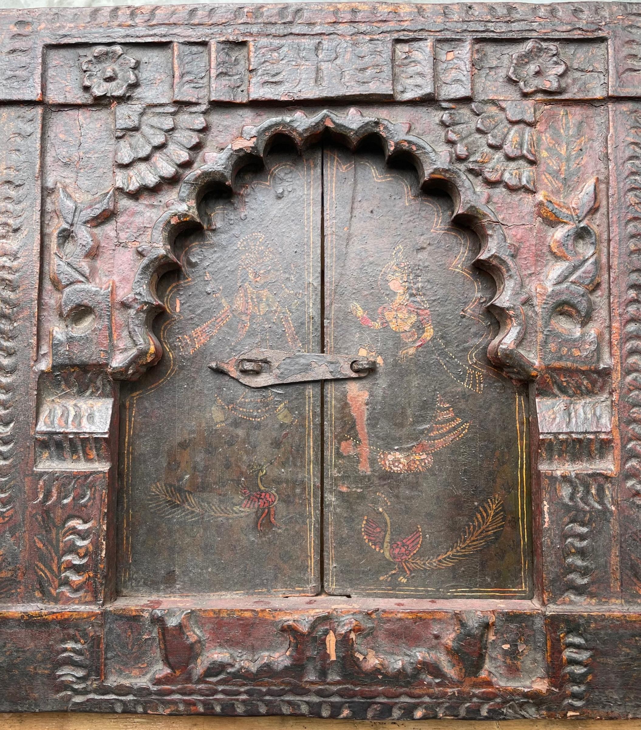 Indian Ancient Rare India Wood Hand Carved Polychrome Wall Panel with Iron Lock For Sale