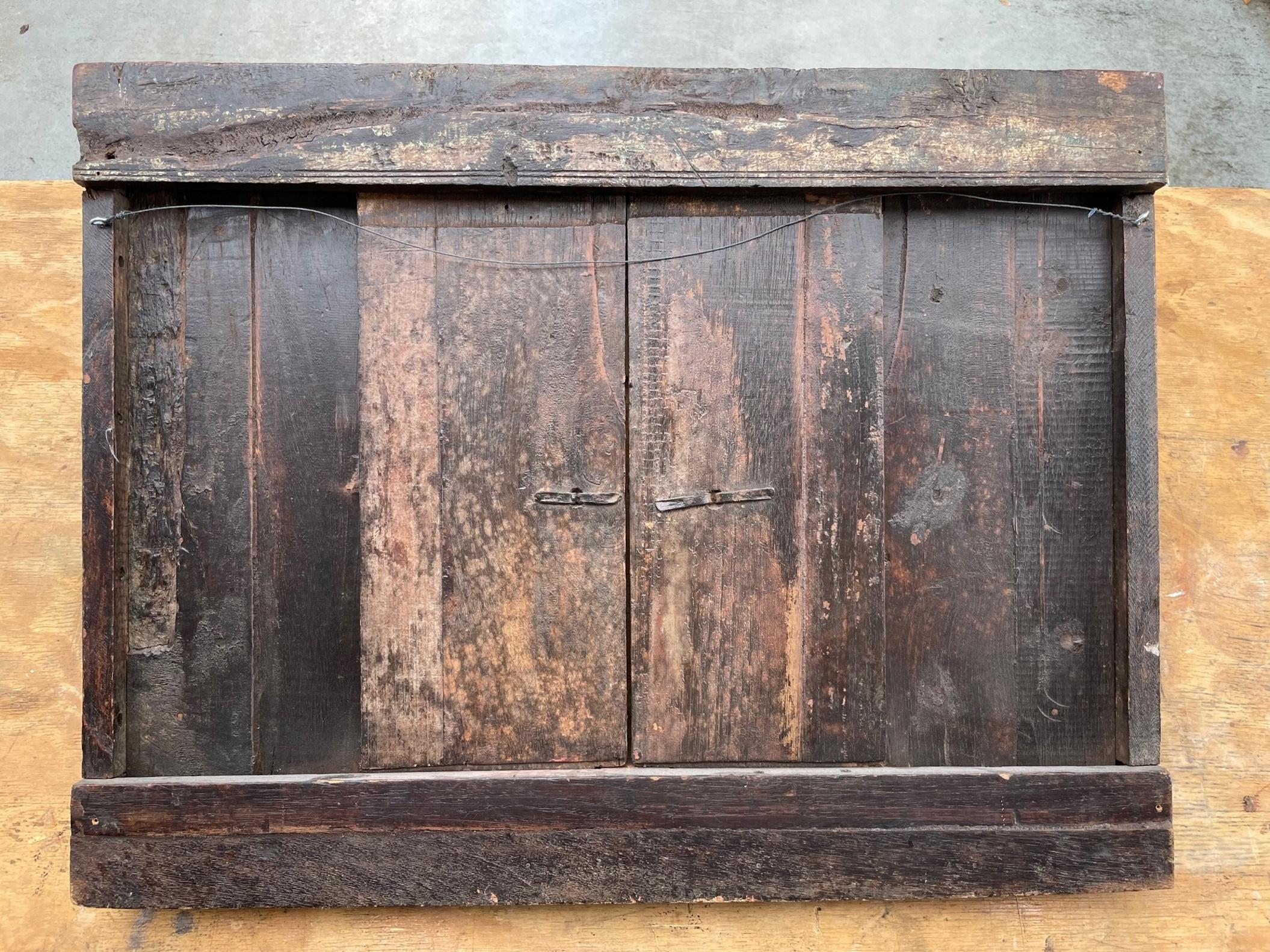 Hand-Carved Ancient Rare India Wood Hand Carved Polychrome Wall Panel with Iron Lock
