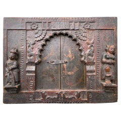 Ancient Rare India Wood Hand Carved Polychrome Wall Panel with Iron Lock