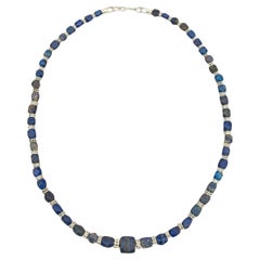 Antique Ancient Rectangular Lapis Lazuli Beads with Granulated Silver Spacer Beads