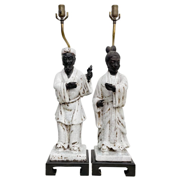 Marcello Fantoni Asian Regency Figural Table Lamps Traditional Man Woman 1950s For Sale