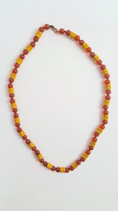AncientRevival Gold MotifRondelles Carnelian Beads Knotted BlackSilk Necklace