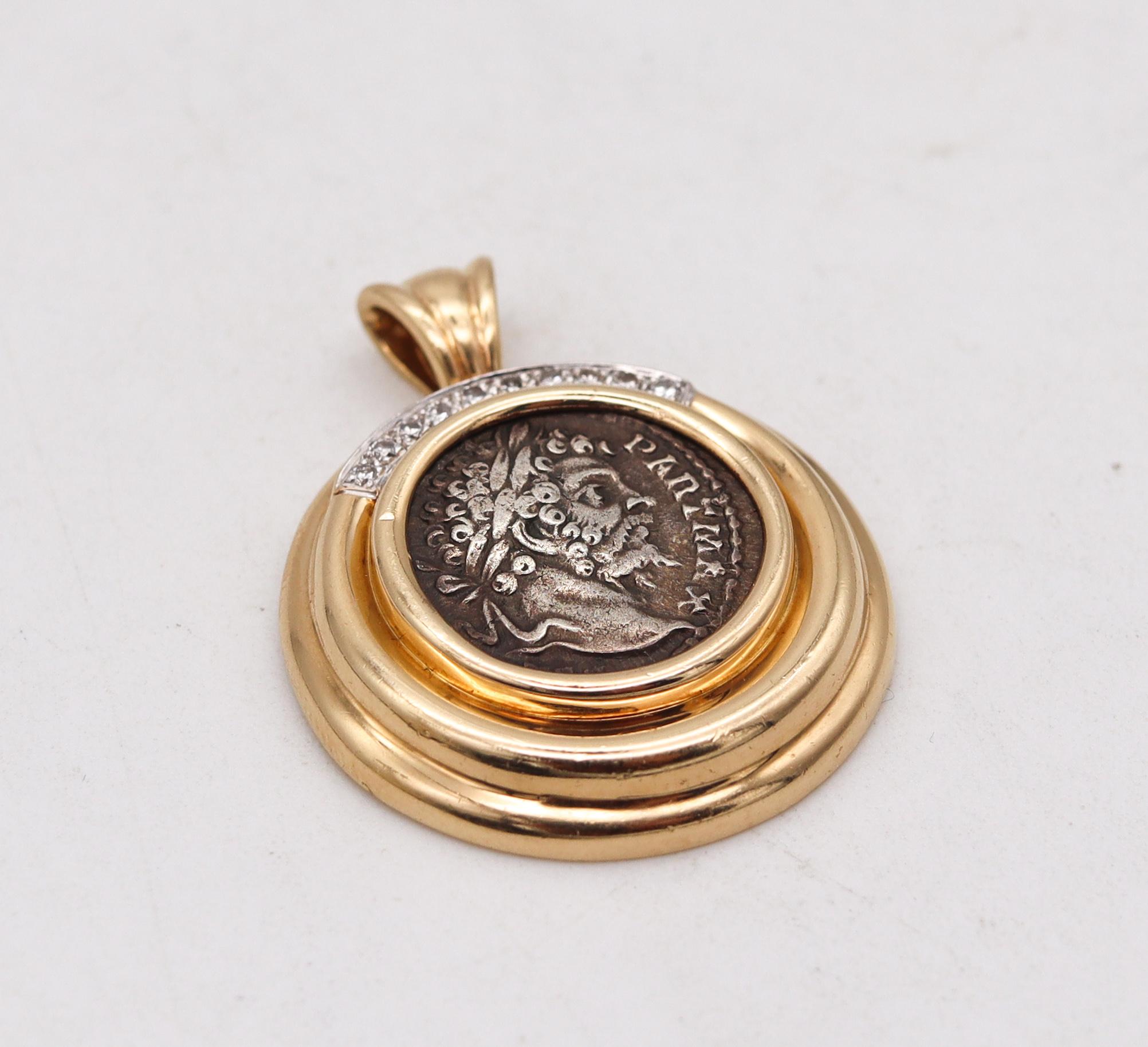 Classical Roman Ancient Roman 193-211 AD Denarius Coin Pendant in 18Kt Yellow Gold with Diamonds For Sale