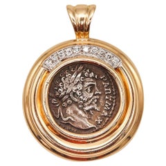 Ancient Roman 193-211 AD Denarius Coin Pendant in 18Kt Yellow Gold with Diamonds