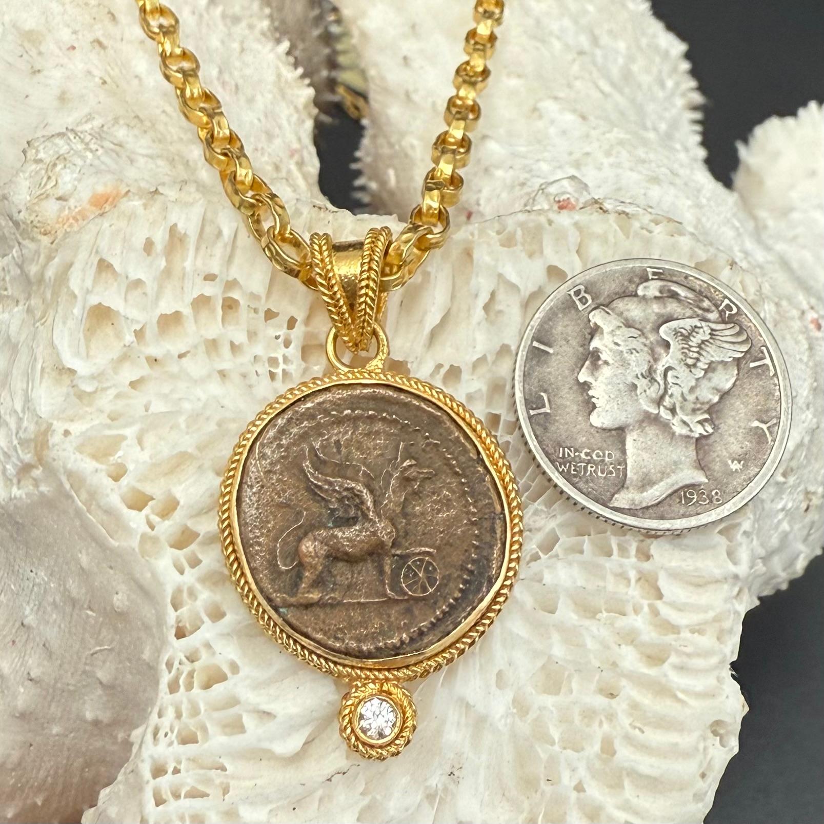 Ancient Roman 1st Century AD Bronze Griffin Coin Diamond 18K Gold Pendant 5