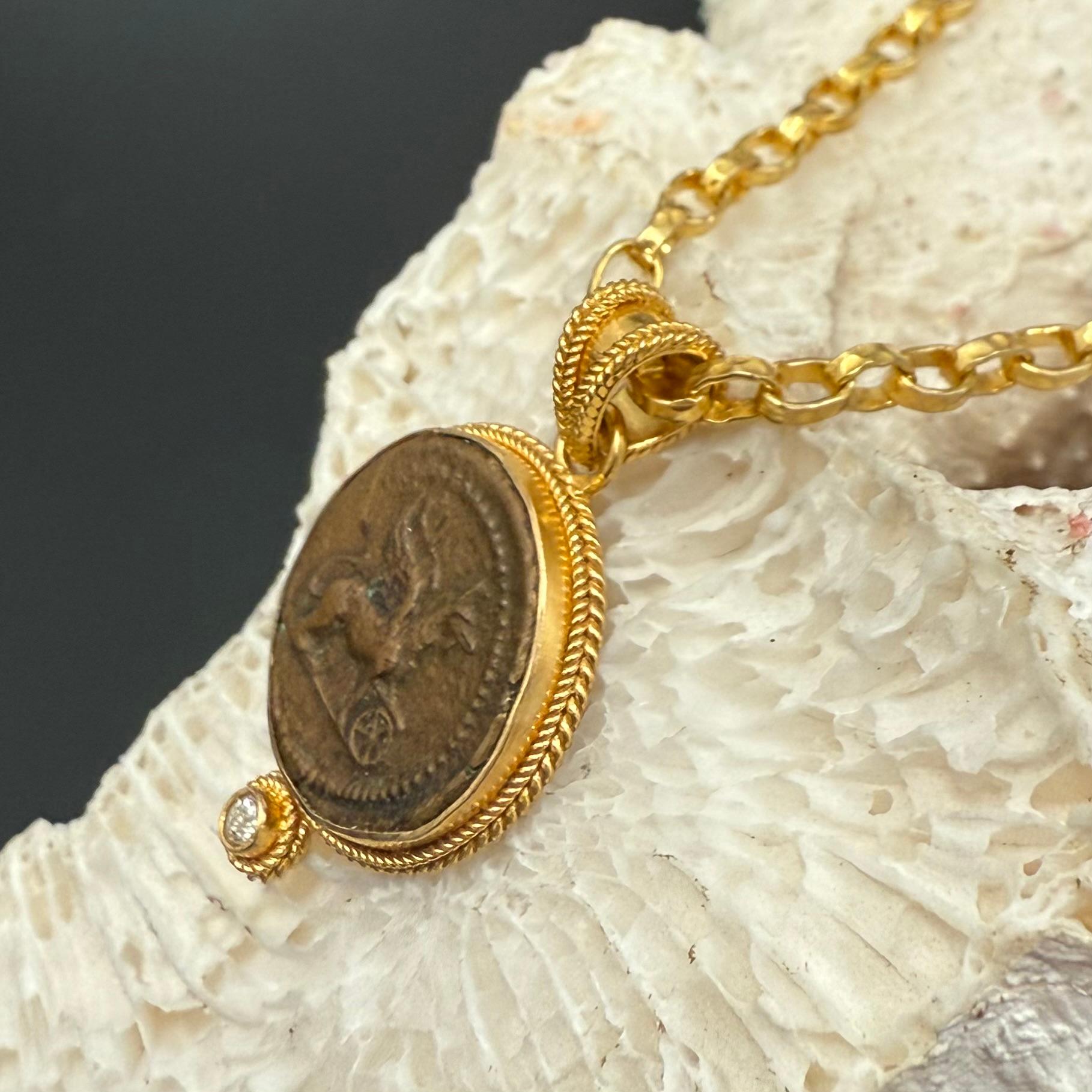 Ancient Roman 1st Century AD Bronze Griffin Coin Diamond 18K Gold Pendant 6