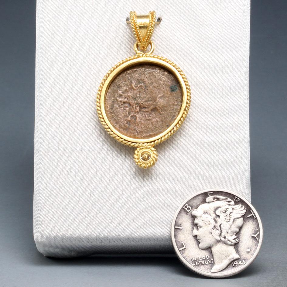 Classical Roman Ancient Roman 1st Century AD Bronze Griffin Coin Diamond 18K Gold Pendant