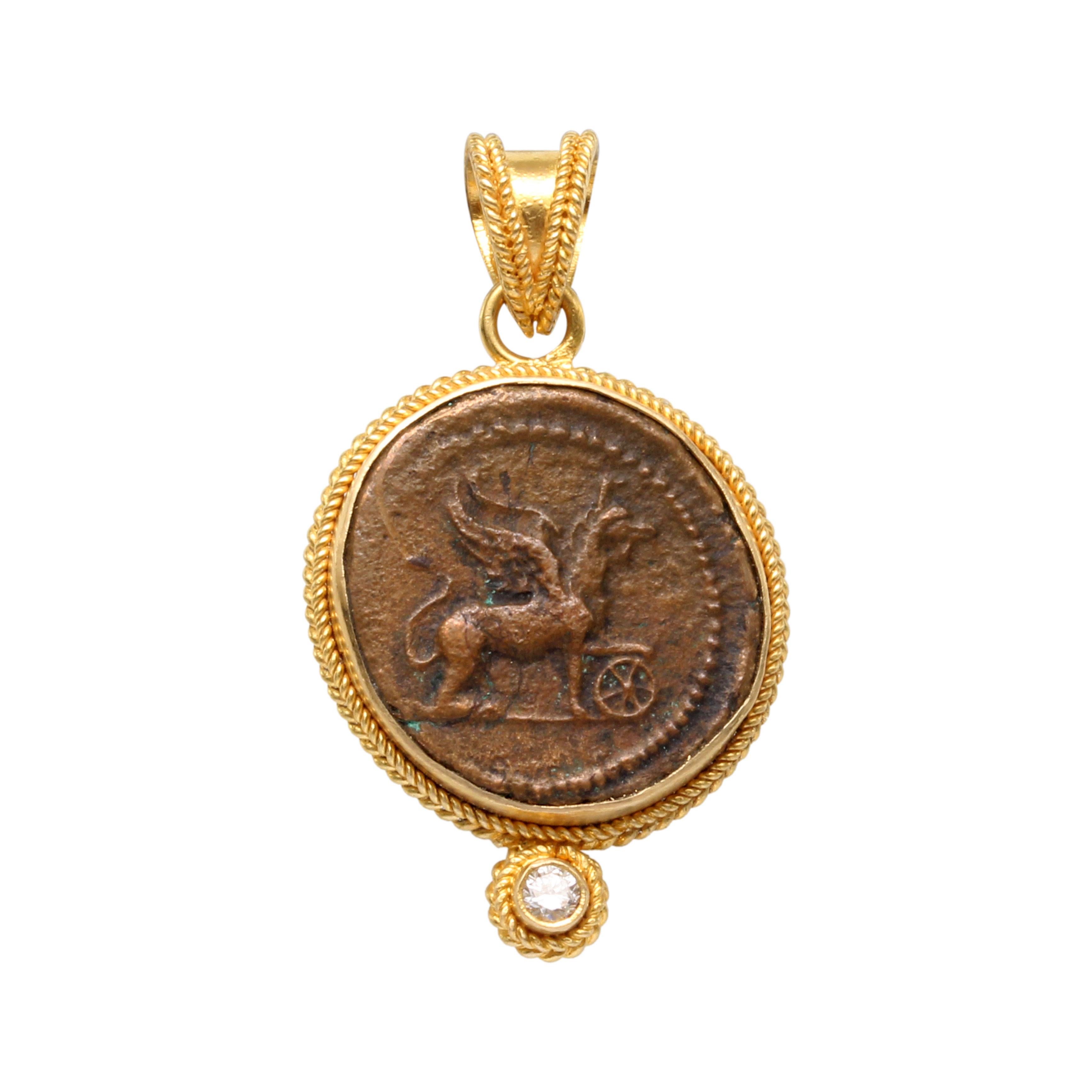 Ancient Roman 1st Century AD Bronze Griffin Coin Diamond 18K Gold Pendant In New Condition In Soquel, CA
