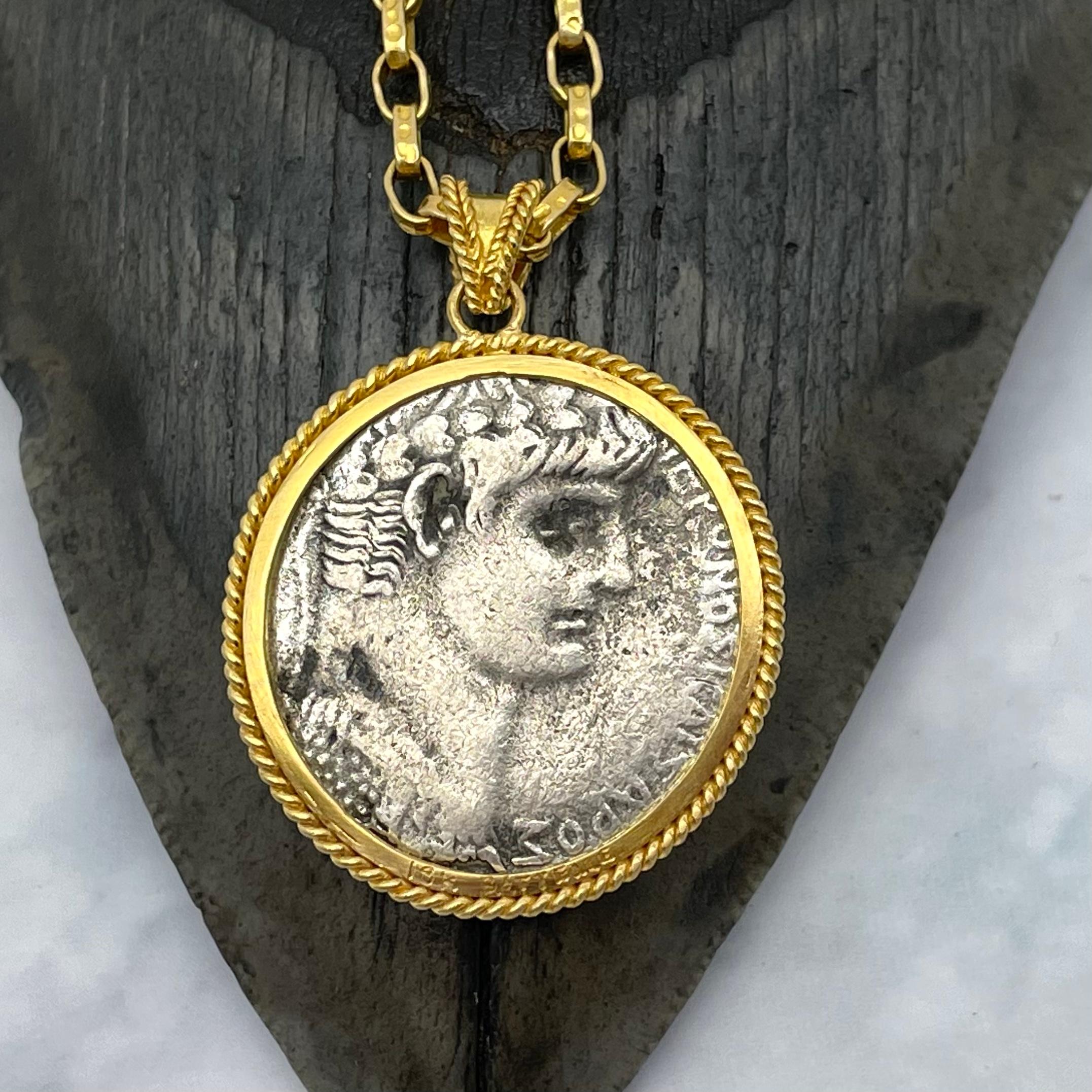 Classical Greek Ancient Roman 1st Century AD Nero Eagle Coin 18K Gold Pendant For Sale