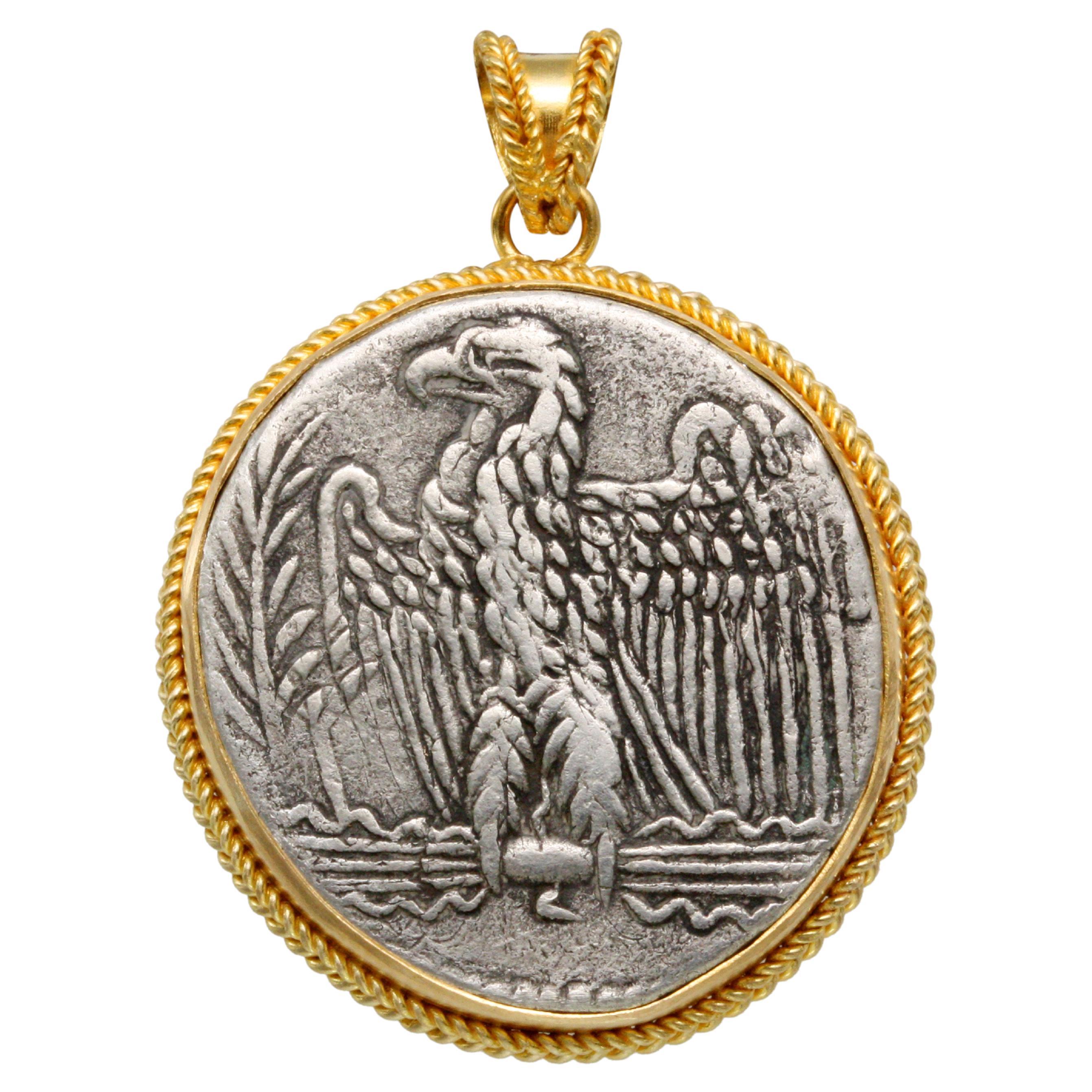 Ancient Roman 1st Century AD Nero Eagle Coin 18K Gold Pendant For Sale
