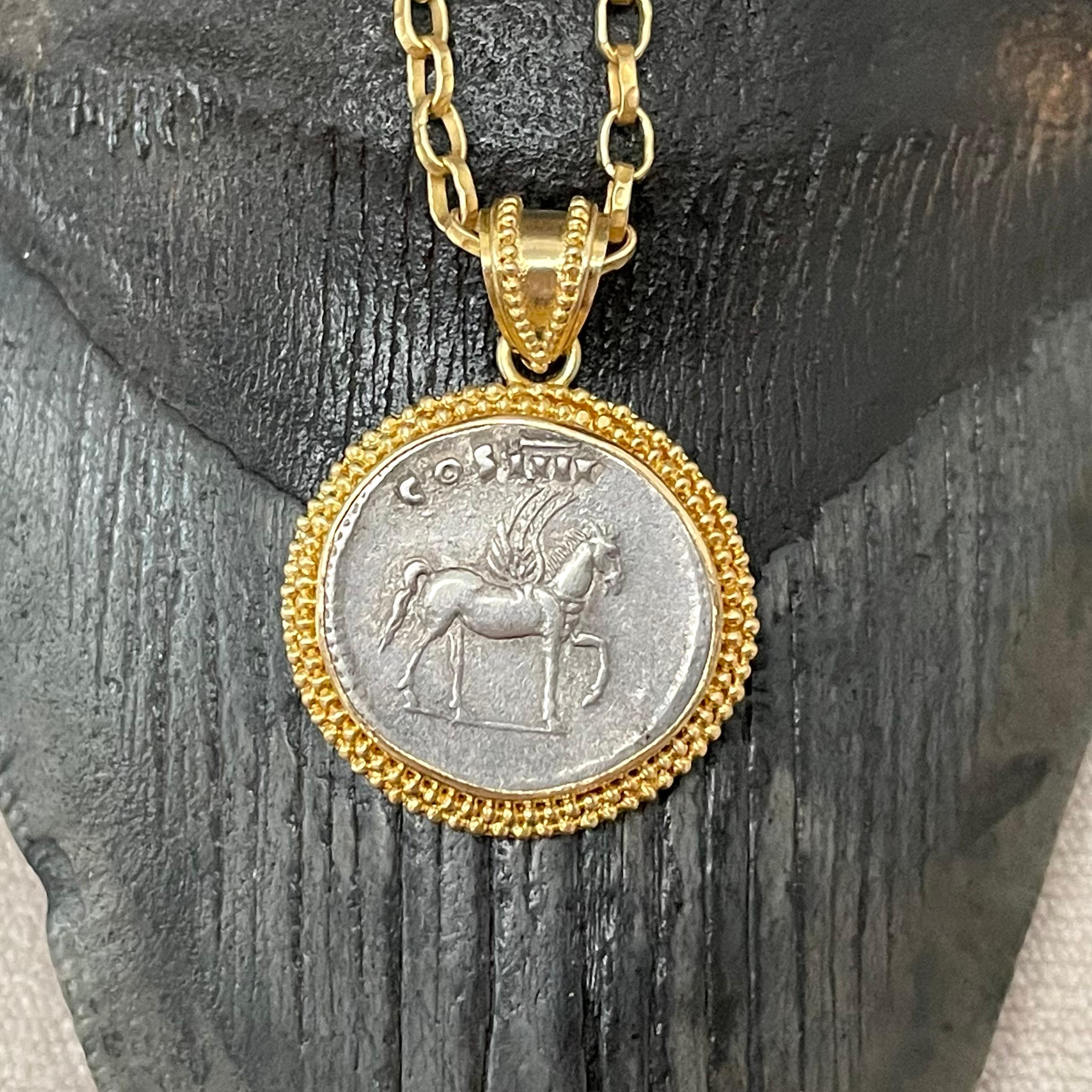 Ancient Roman 1st Century AD Pegasus Silver Denarius 18K Gold Pendant 5