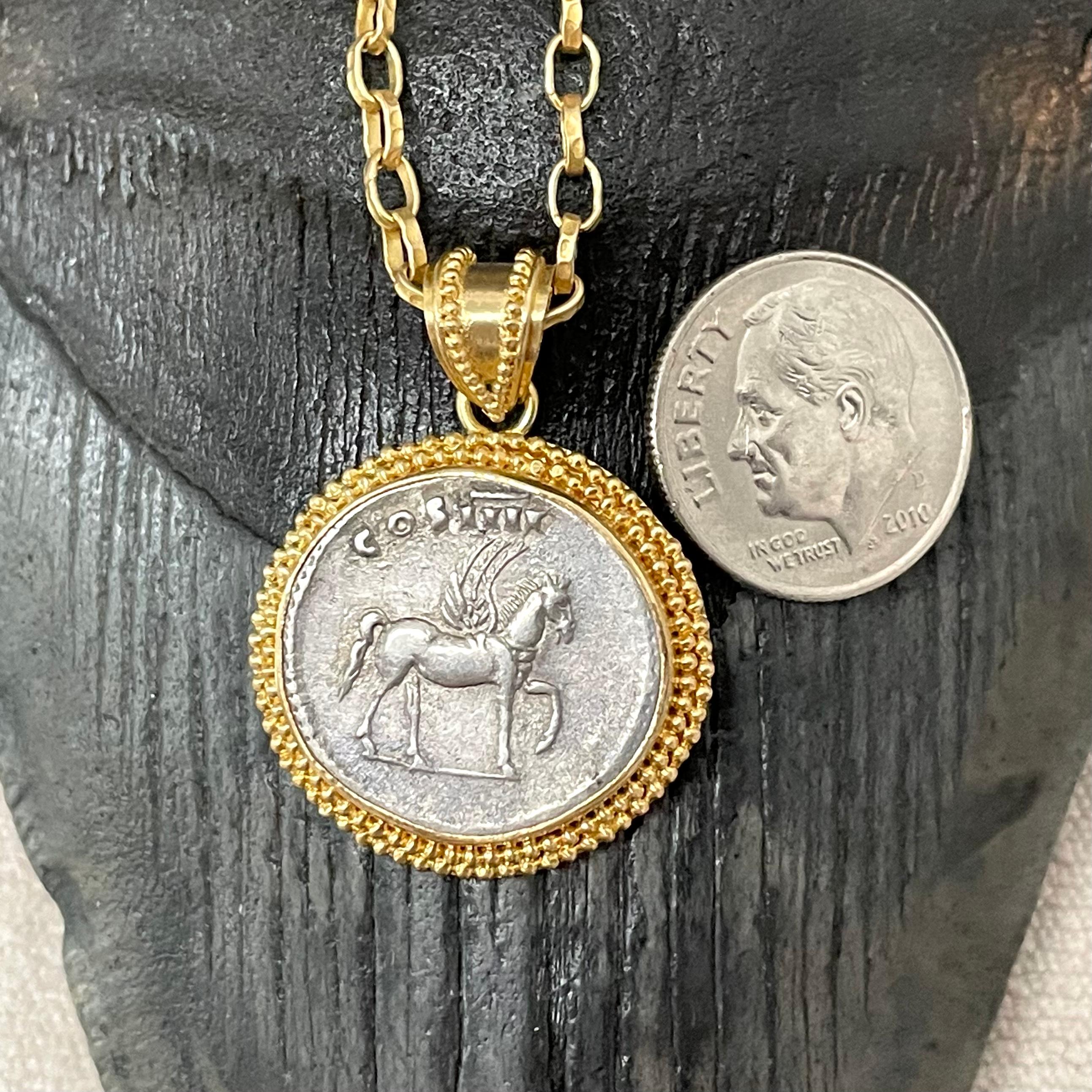 Ancient Roman 1st Century AD Pegasus Silver Denarius 18K Gold Pendant 6