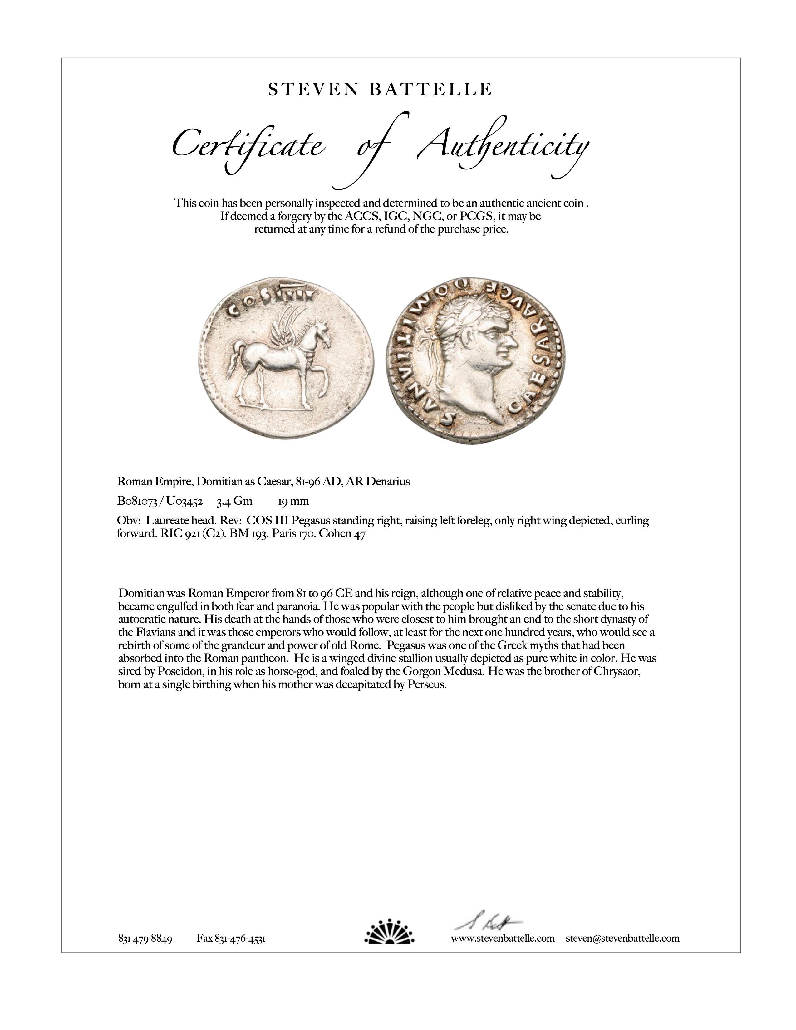 Ancient Roman 1st Century AD Pegasus Silver Denarius 18K Gold Pendant 7